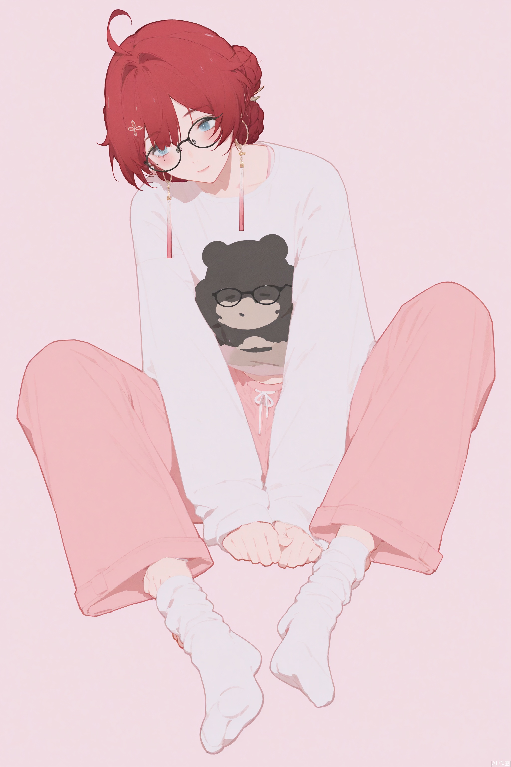 masterpiece,best quality, amazing quality,newest,absurdres,highres,very awa, danjin, danjin\(wuthering waves\), solo,1girl, white pajama shirt, long sleeves, braid buns, earrings, red hair, sitting, black round glasses, asleep, side lighting, light pink long pajama pants, white socks, simple_background,cute,full_body, foot_focus,