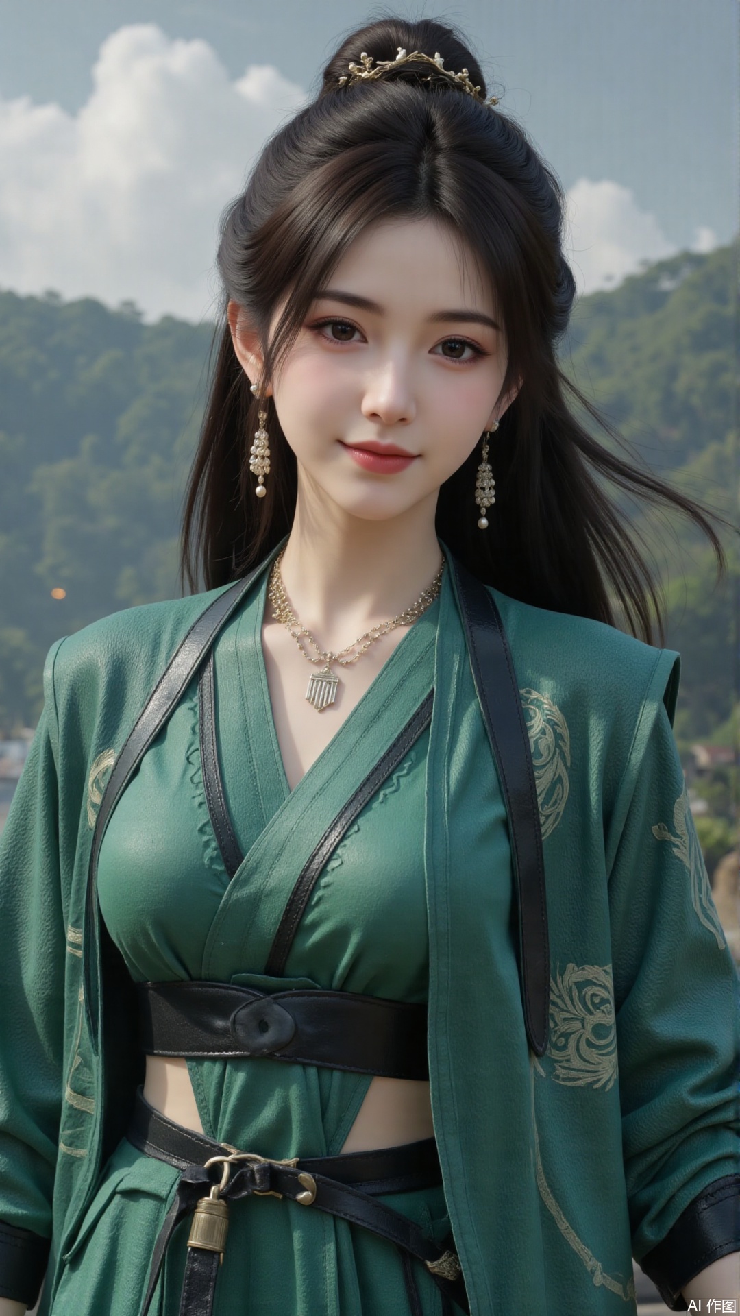 1girl, long hair, solo, green dress, hair ornament, black hair, chinese clothes, mischevious smile, perfect body, scenery, sharp focus, best quality, masterpiece, detailed outfit, illustration, perfect eyes, finely detailed beautiful anime eyes, realistic skin, intricate details, best lighting, depth of field, ultra high resolution, cowboy shot