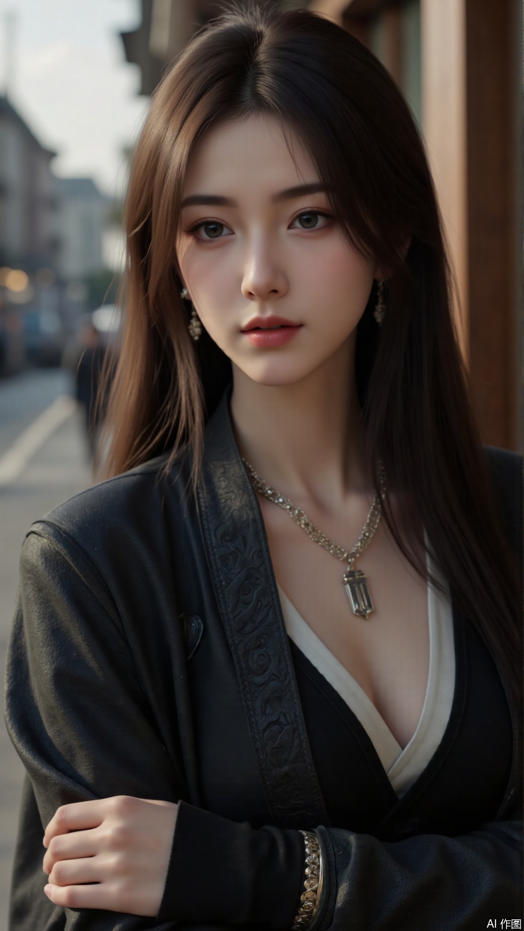  a asian woman, sexy long hair, blue eyes, charming and seductive temperament, distant close-up, golden ratio, movie texture, minimalism, high-end feeling, strong contrast between cold and warm, outdoor scenes, 