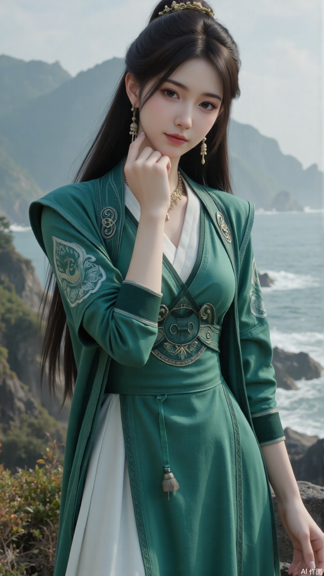 1girl, long hair, solo, green dress, hair ornament, black hair, chinese clothes, mischevious smile, perfect body, scenery, sharp focus, best quality, masterpiece, detailed outfit, illustration, perfect eyes, finely detailed beautiful anime eyes, realistic skin, intricate details, best lighting, depth of field, ultra high resolution, cowboy shot