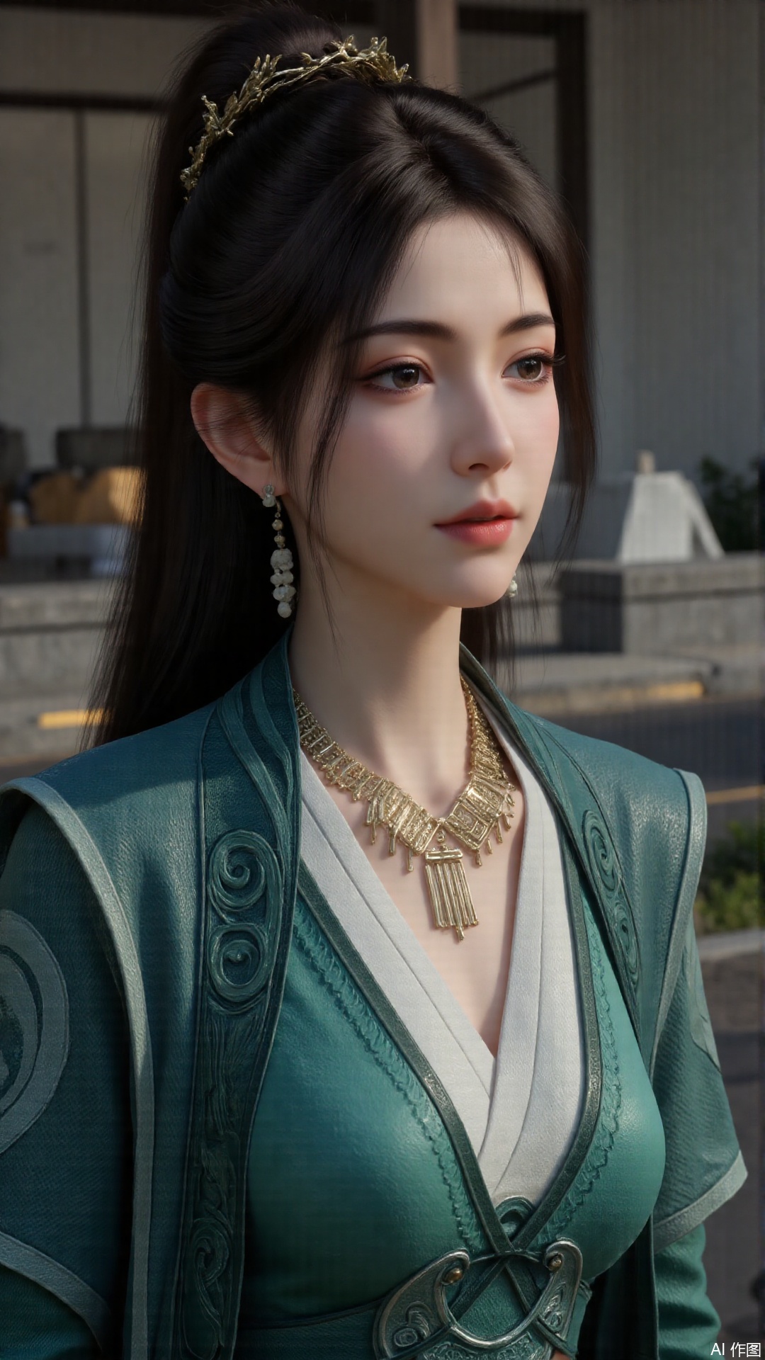 1girl, long hair, solo, green dress, pony_tail, black hair, mischevious smile, perfect body, scenery, sharp focus, best quality, masterpiece, detailed outfit, illustration, perfect eyes, finely detailed beautiful anime eyes, realistic skin, intricate details, best lighting, depth of field, ultra high resolution, cowboy shot