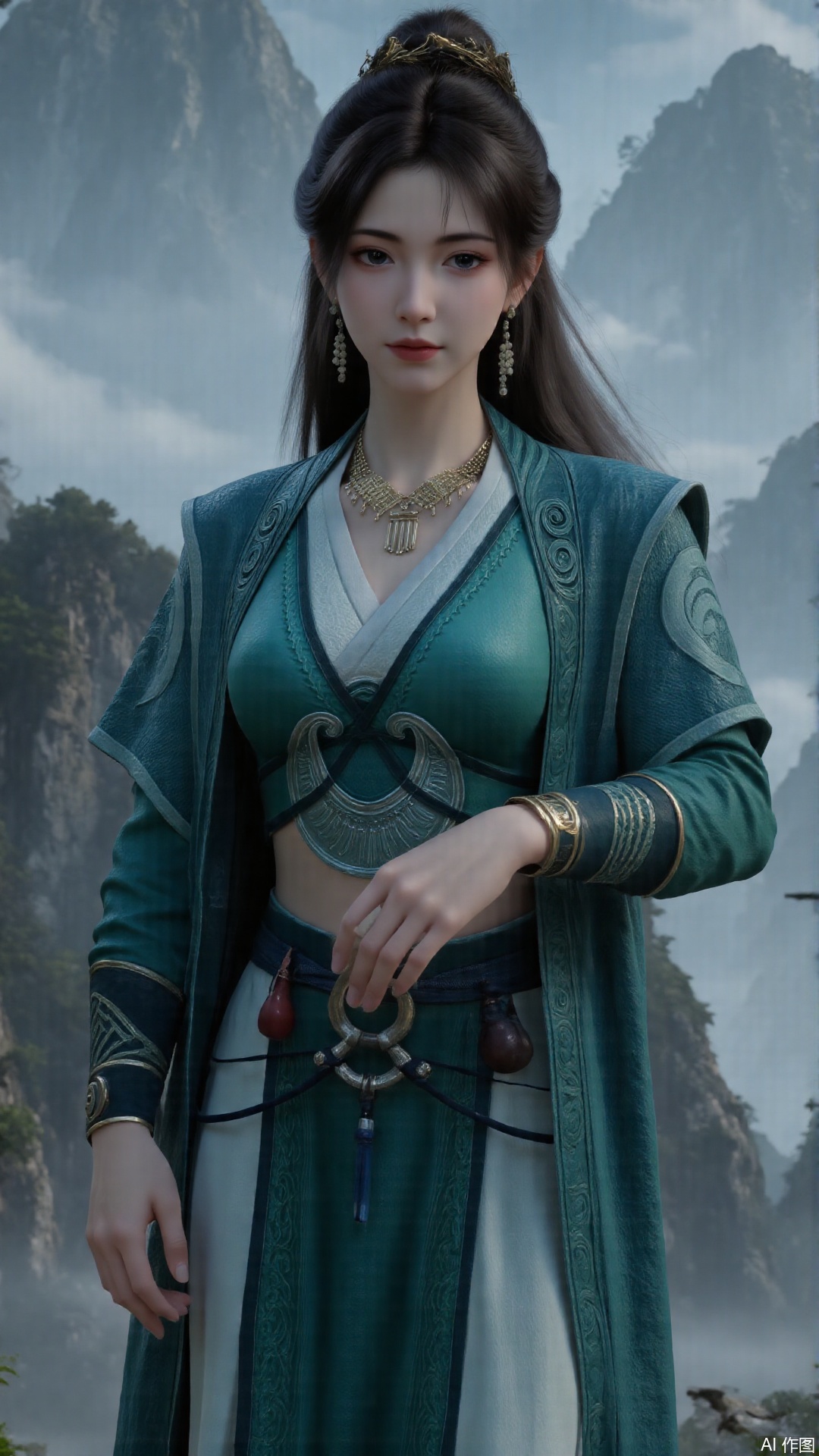 1girl, long hair, solo, green dress, pony_tail, black hair, mischevious smile, perfect body, scenery, sharp focus, best quality, masterpiece, detailed outfit, illustration, perfect eyes, finely detailed beautiful anime eyes, realistic skin, intricate details, best lighting, depth of field, ultra high resolution, cowboy shot