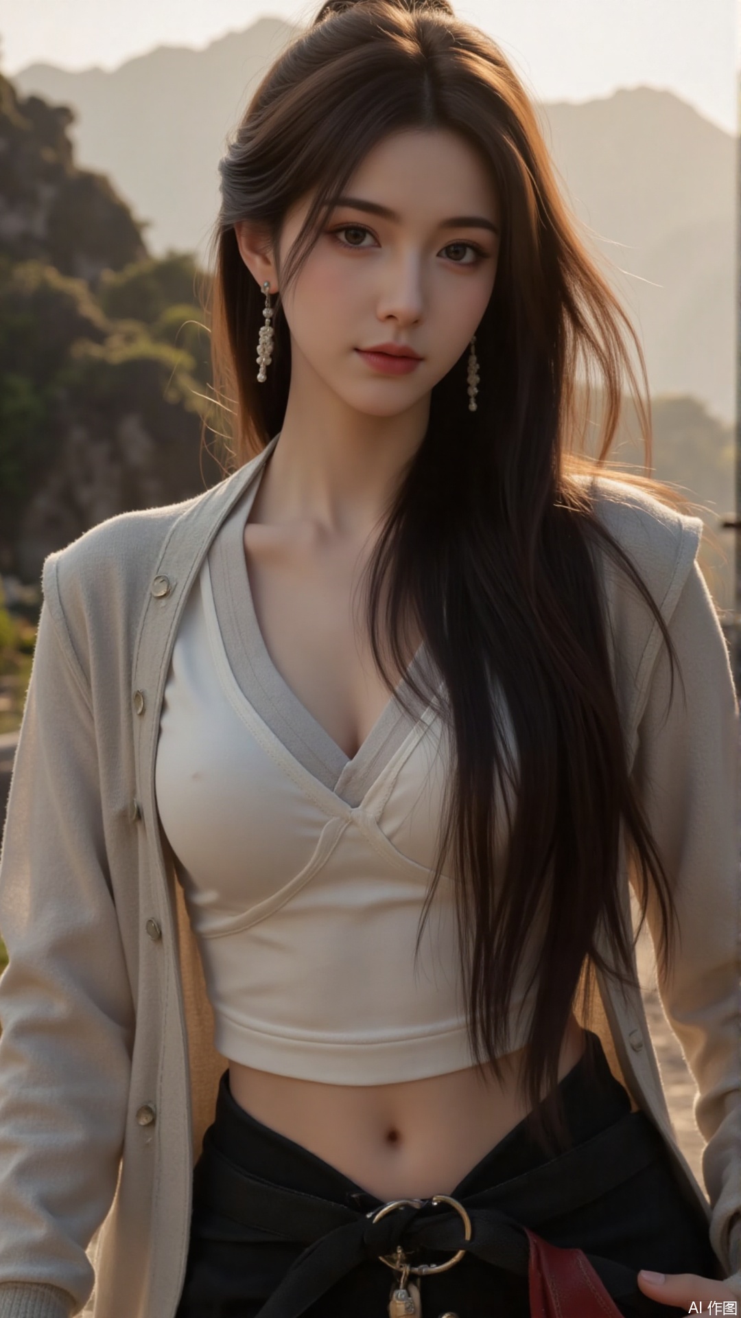 a asian woman, sexy long hair, blue eyes, charming and seductive temperament, distant close-up, golden ratio, movie texture, minimalism, high-end feeling, strong contrast between cold and warm, outdoor scenes, 