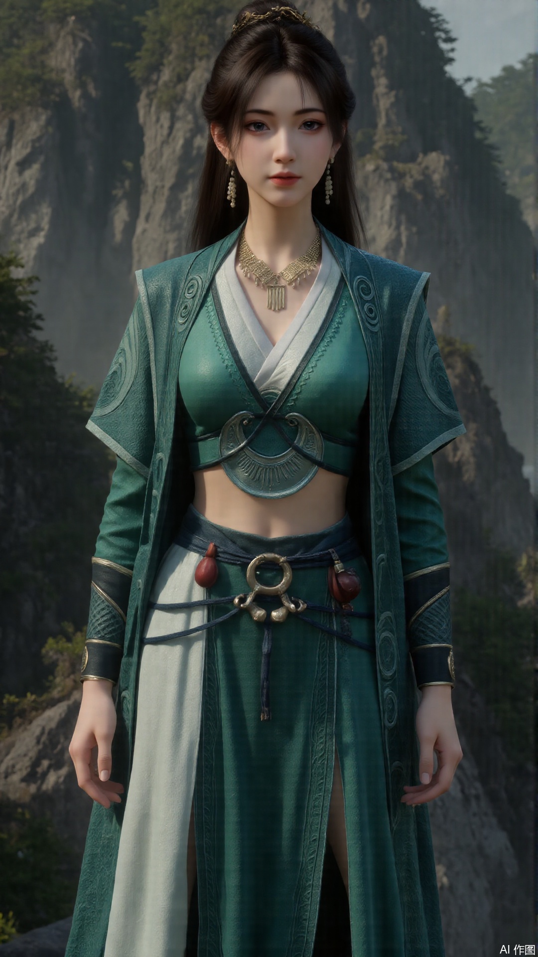 1girl, long hair, solo, green dress, pony_tail, black hair, mischevious smile, perfect body, scenery, sharp focus, best quality, masterpiece, detailed outfit, illustration, perfect eyes, finely detailed beautiful anime eyes, realistic skin, intricate details, best lighting, depth of field, ultra high resolution, cowboy shot