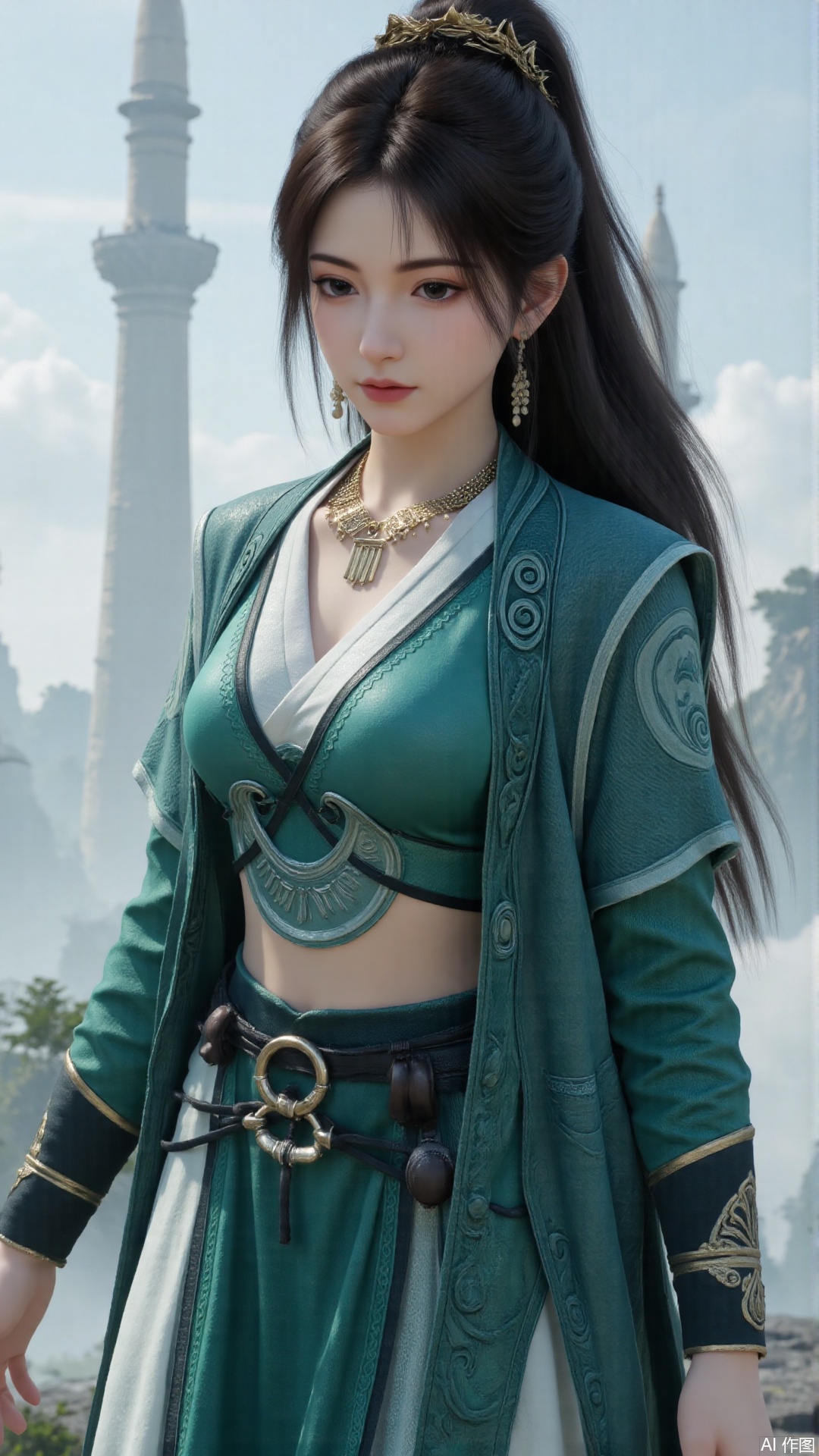 1girl, long hair, solo, green dress, pony_tail, black hair, mischevious smile, perfect body, scenery, sharp focus, best quality, masterpiece, detailed outfit, illustration, perfect eyes, finely detailed beautiful anime eyes, realistic skin, intricate details, best lighting, depth of field, ultra high resolution, cowboy shot