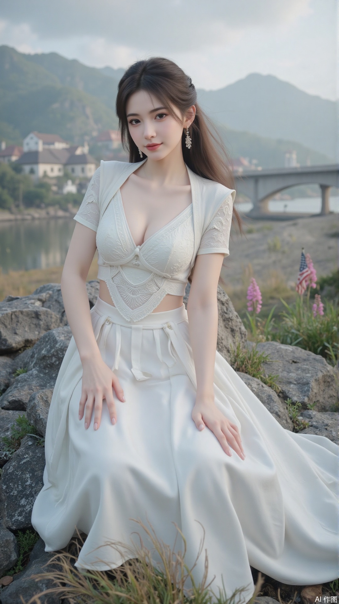 1girl, white wedding dress,looking at viewer, mischevious smile, perfect body, scenery, sharp focus, best quality, masterpiece, detailed outfit, illustration, perfect eyes, finely detailed beautiful anime eyes, realistic skin, intricate details, best lighting, depth of field, ultra high resolution, cowboy_shot, bride