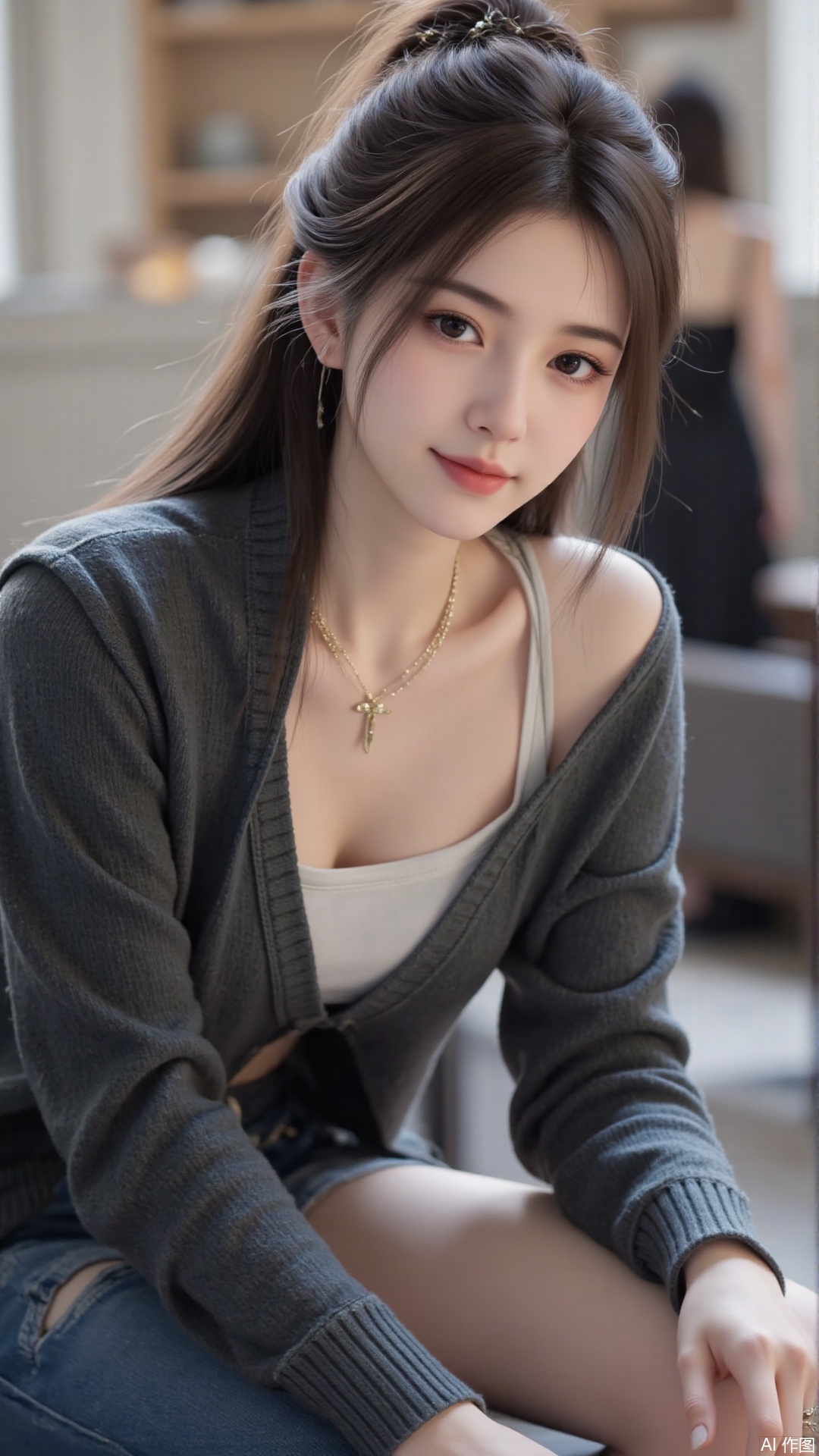 1girl, solo, long hair, looking at viewer, smile, sitting, collarbone, off shoulder, sweater, messy hair, realistic