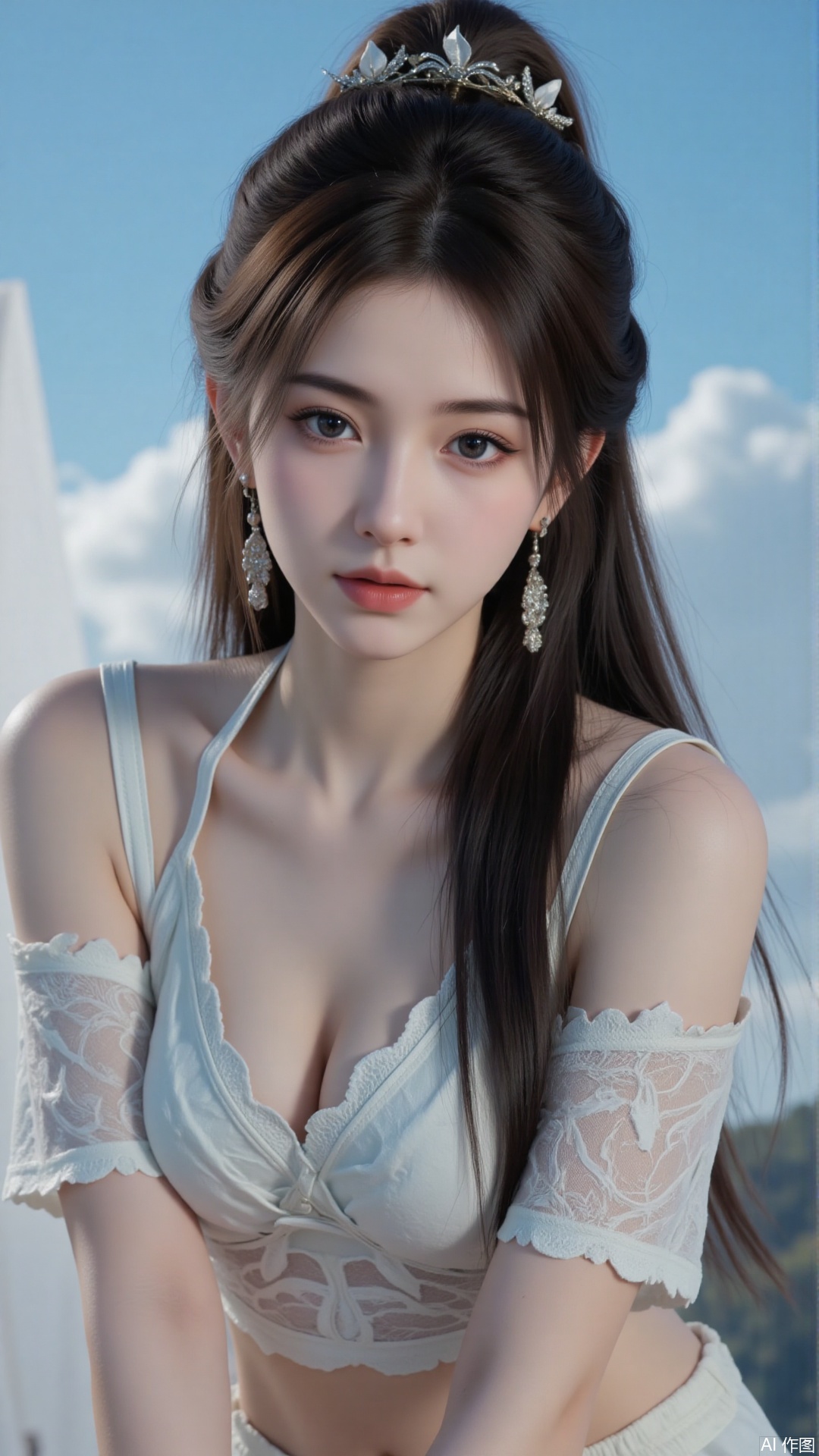 Very detailed face, extremely detailed eyes and face, blue eyes, (vacuum), 8K wallpaper, light leak, beautiful and detailed girl, extremely detailed CGUnity8K wallpaper, an extremely detailed and beautiful, beautiful and detailed eyes, masterpiece, best quality, Real photo level, (frontal shooting panoramic perspective), ( (Full body photo)), dynamic angle, dynamic pose, solo, ancient style silver hairpin with petals, blue sky and white clouds, (C cup), (huge round breasts), slender legs, super good figure, stunning beauty, (whole body in the mirror) , (wearing Lolita nightgown), (light reflects the shadow of the body through the clothes),vacuum,bare and smooth