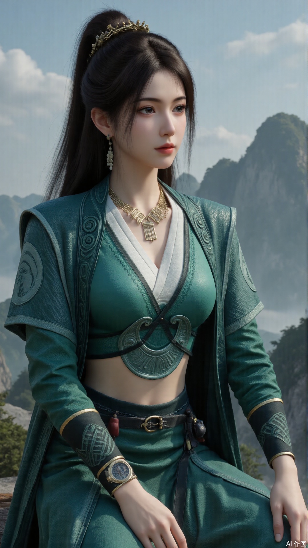 1girl, long hair, solo, green dress, hair ornament, black hair, chinese clothes, mischevious smile, perfect body, scenery, sharp focus, best quality, masterpiece, detailed outfit, illustration, perfect eyes, finely detailed beautiful anime eyes, realistic skin, intricate details, best lighting, depth of field, ultra high resolution, sitting