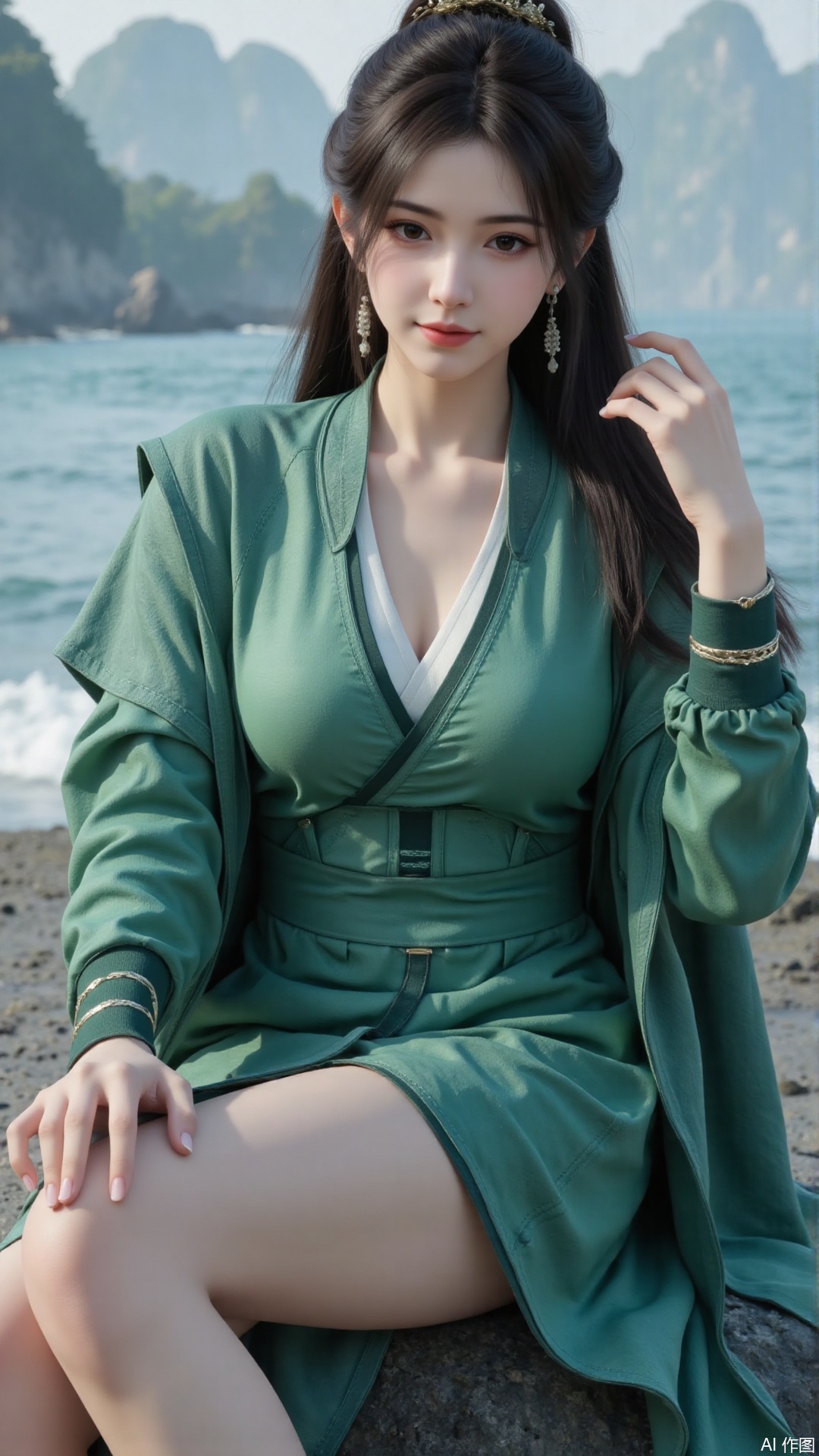 1girl, long hair, solo, green dress, hair ornament, black hair, chinese clothes, mischevious smile, perfect body, scenery, sharp focus, best quality, masterpiece, detailed outfit, illustration, perfect eyes, finely detailed beautiful anime eyes, realistic skin, intricate details, best lighting, depth of field, ultra high resolution, sitting