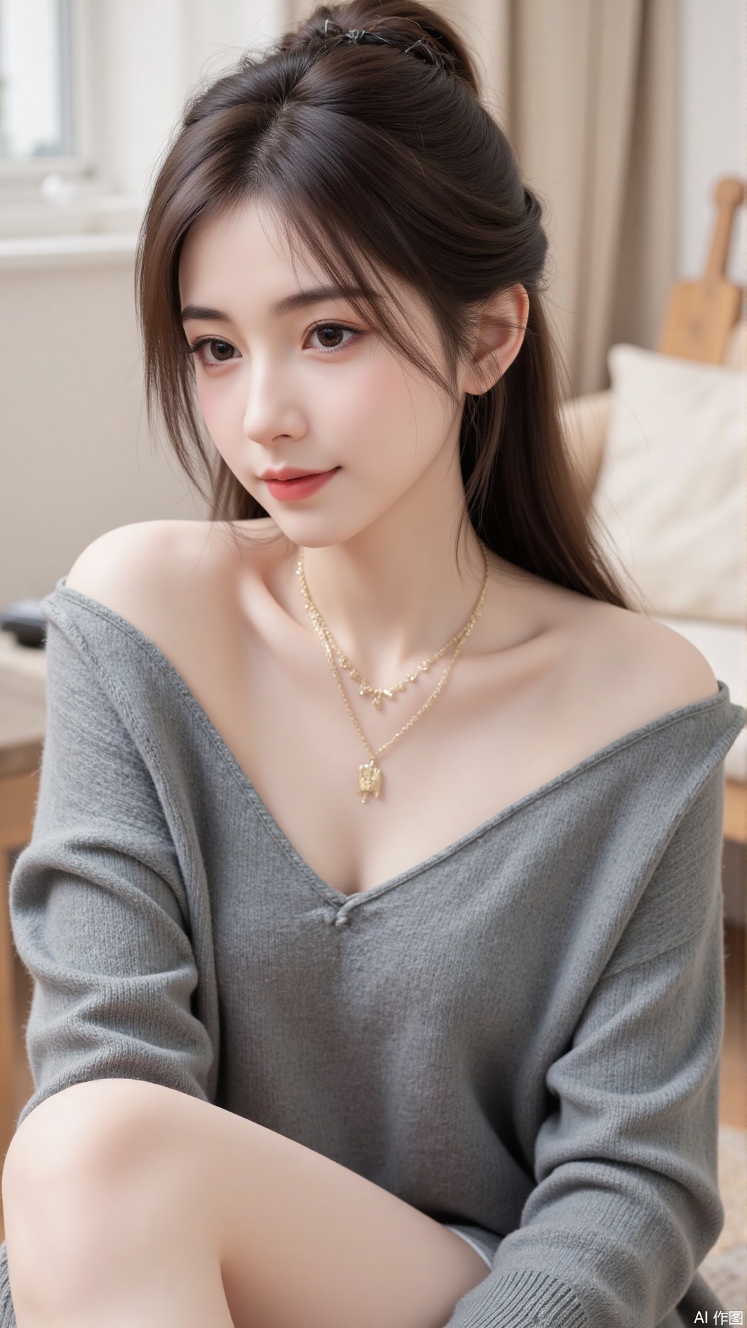 1girl, solo, long hair, looking at viewer, smile, sitting, collarbone, off shoulder, sweater, messy hair, realistic