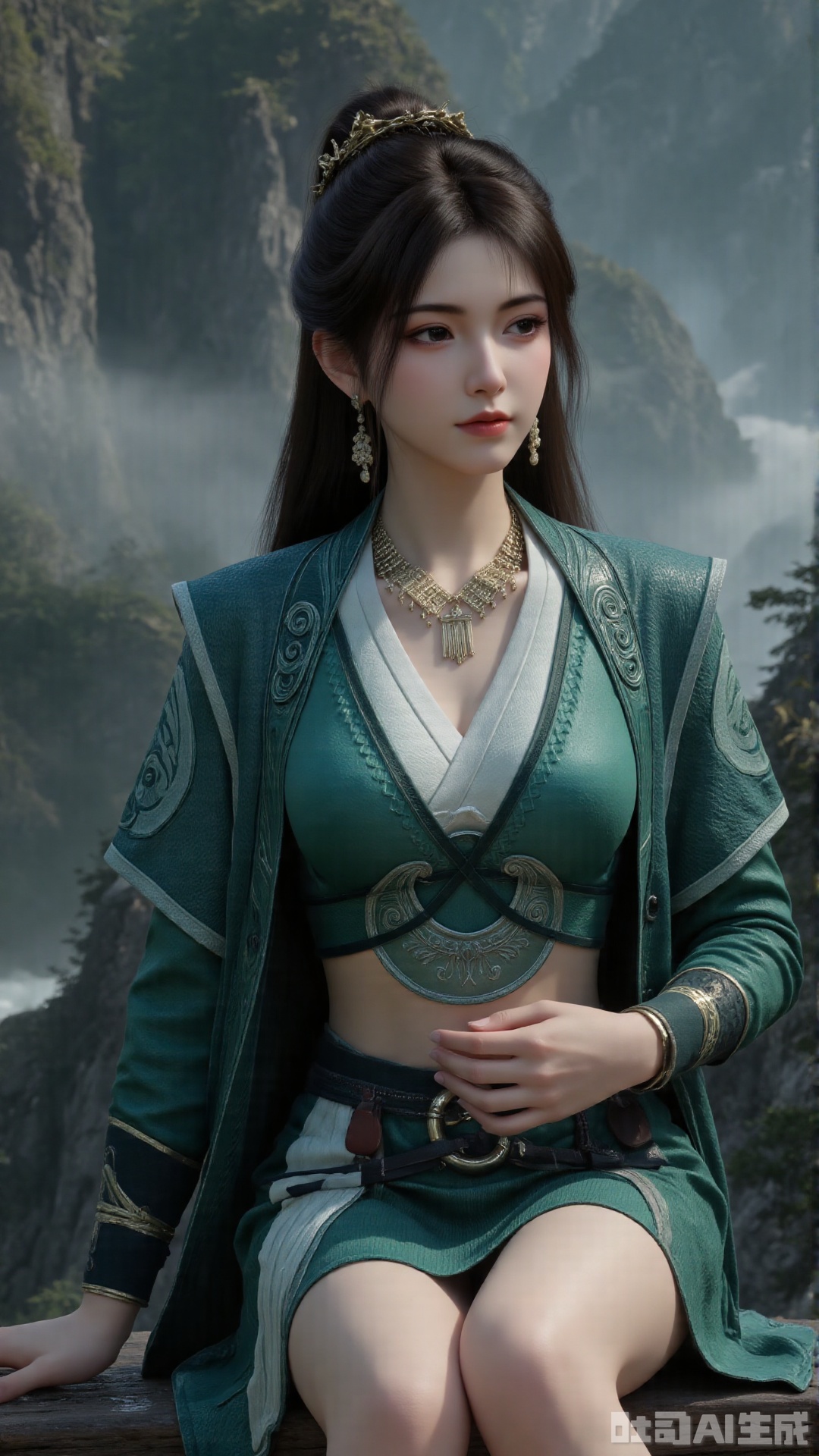 1girl, long hair, solo, green dress, hair ornament, black hair, chinese clothes, mischevious smile, perfect body, scenery, sharp focus, best quality, masterpiece, detailed outfit, illustration, perfect eyes, finely detailed beautiful anime eyes, realistic skin, intricate details, best lighting, depth of field, ultra high resolution, sitting