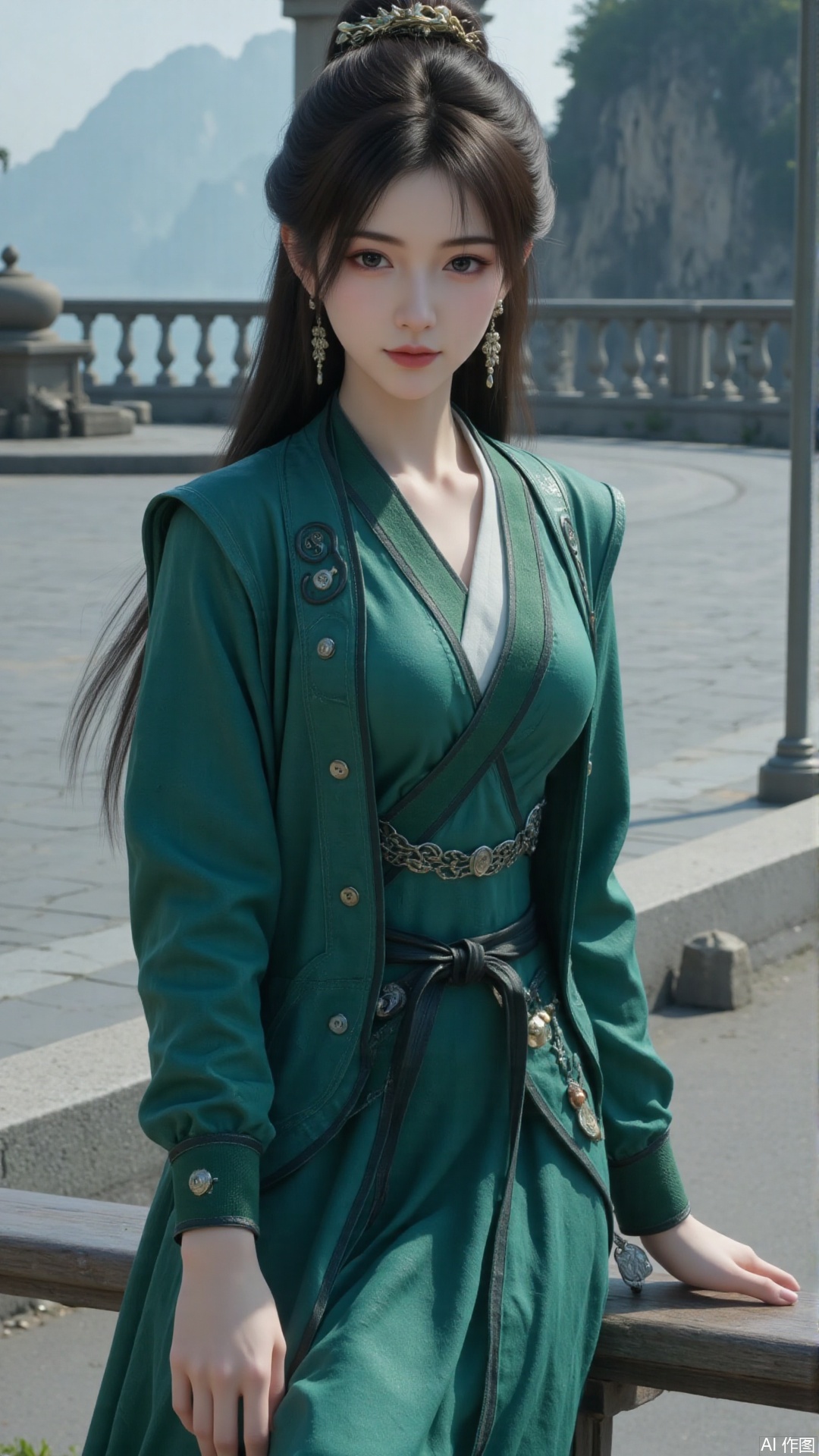 1girl, long hair, solo, green dress, hair ornament, black hair, chinese clothes, mischevious smile, perfect body, scenery, sharp focus, best quality, masterpiece, detailed outfit, illustration, perfect eyes, finely detailed beautiful anime eyes, realistic skin, intricate details, best lighting, depth of field, ultra high resolution, cowboy shot