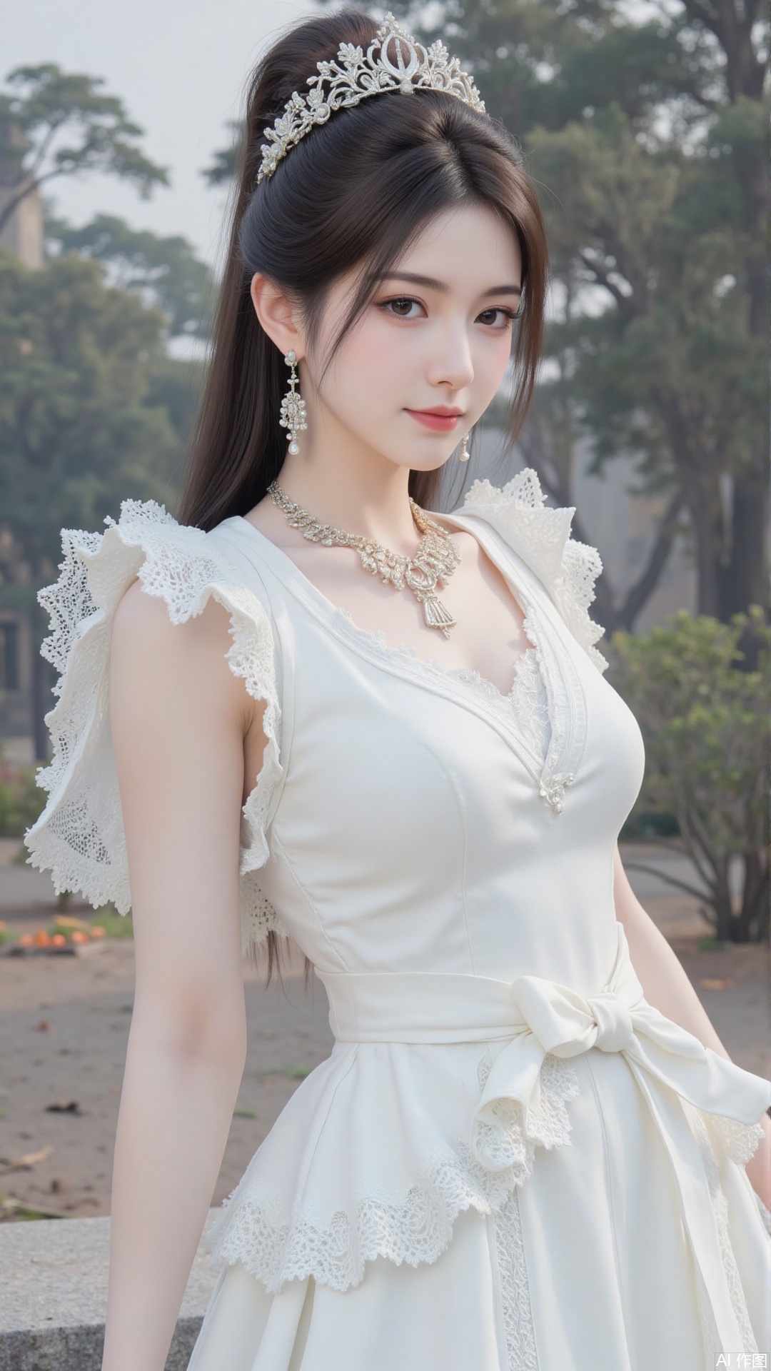 1girl, white wedding dress,looking at viewer, mischevious smile, perfect body, scenery, sharp focus, best quality, masterpiece, detailed outfit, illustration, perfect eyes, finely detailed beautiful anime eyes, realistic skin, intricate details, best lighting, depth of field, ultra high resolution, cowboy_shot, bride