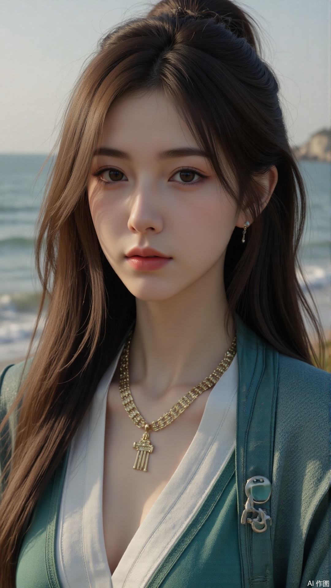  a asian woman, sexy long hair, blue eyes, charming and seductive temperament, distant close-up, golden ratio, movie texture, minimalism, high-end feeling, strong contrast between cold and warm, outdoor scenes, 