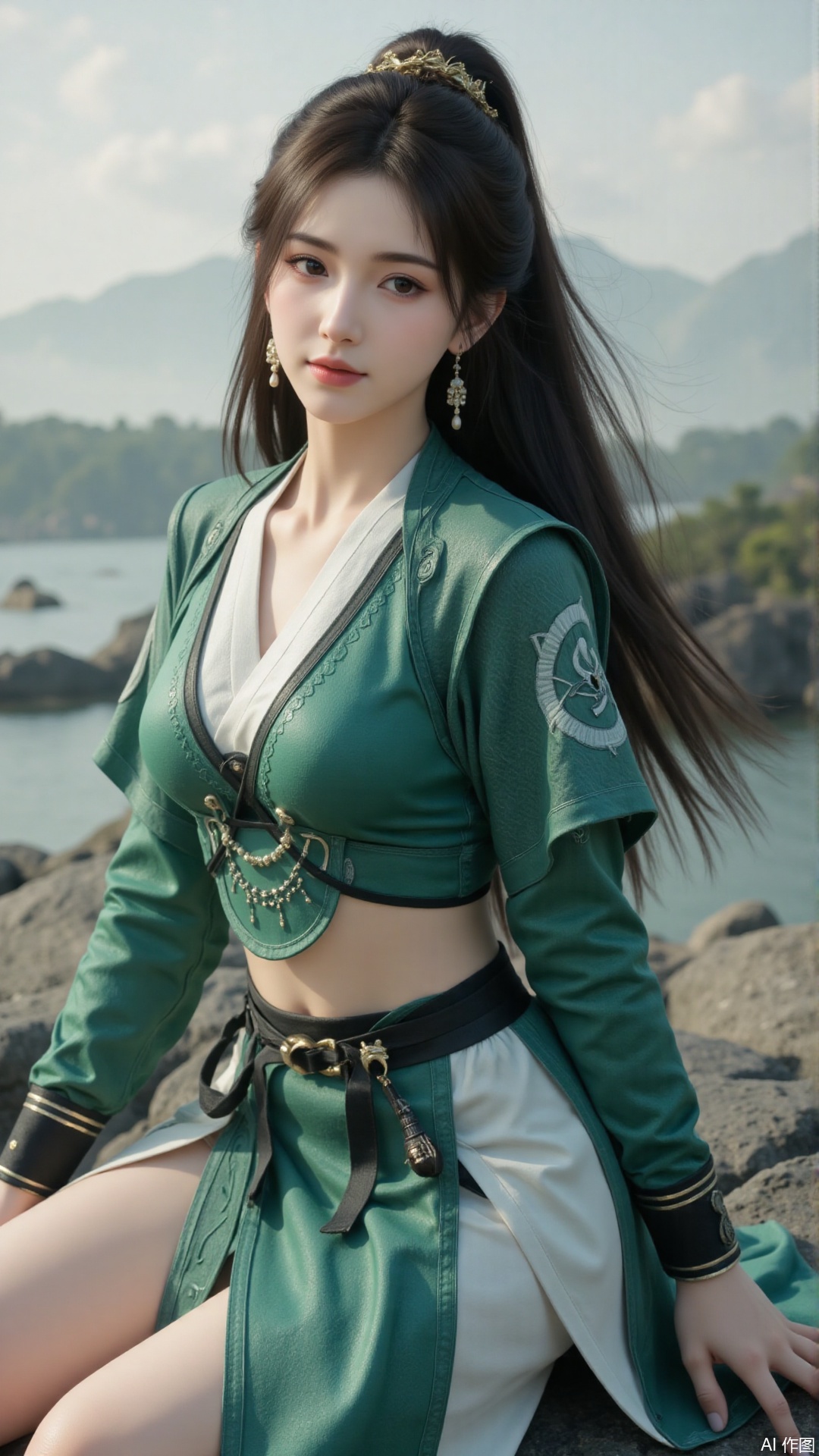 1girl, long hair, solo, green dress, hair ornament, black hair, chinese clothes, mischevious smile, perfect body, scenery, sharp focus, best quality, masterpiece, detailed outfit, illustration, perfect eyes, finely detailed beautiful anime eyes, realistic skin, intricate details, best lighting, depth of field, ultra high resolution, sitting