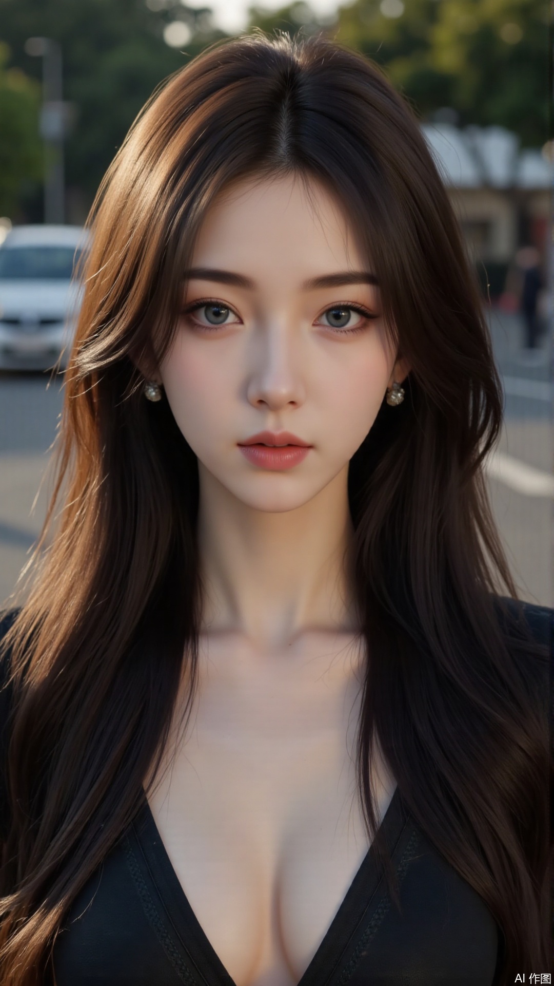  a asian woman, sexy long hair, blue eyes, charming and seductive temperament, distant close-up, golden ratio, movie texture, minimalism, high-end feeling, strong contrast between cold and warm, outdoor scenes, 