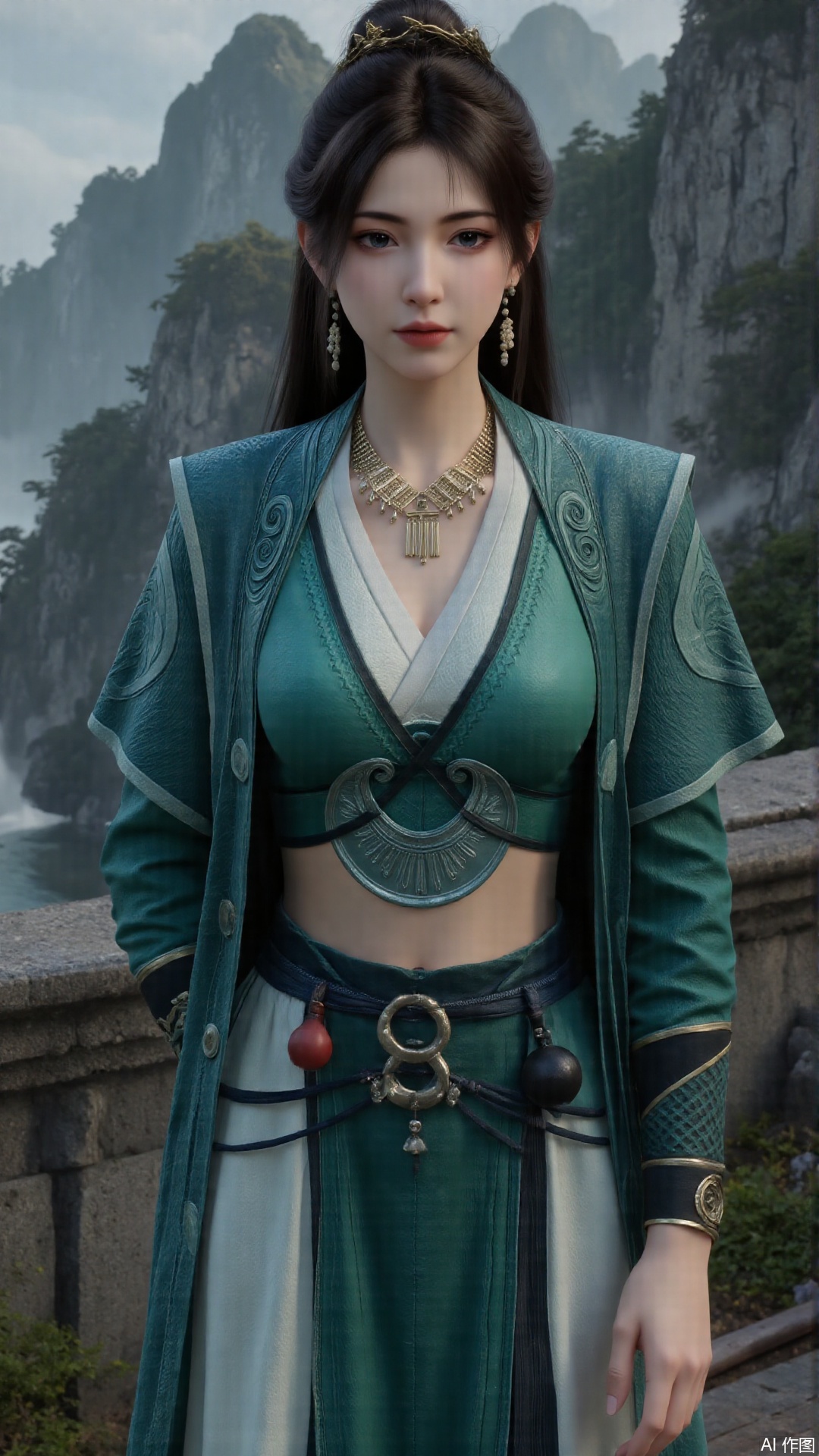 1girl, long hair, solo, green dress, pony_tail, black hair, mischevious smile, perfect body, scenery, sharp focus, best quality, masterpiece, detailed outfit, illustration, perfect eyes, finely detailed beautiful anime eyes, realistic skin, intricate details, best lighting, depth of field, ultra high resolution, sitting
