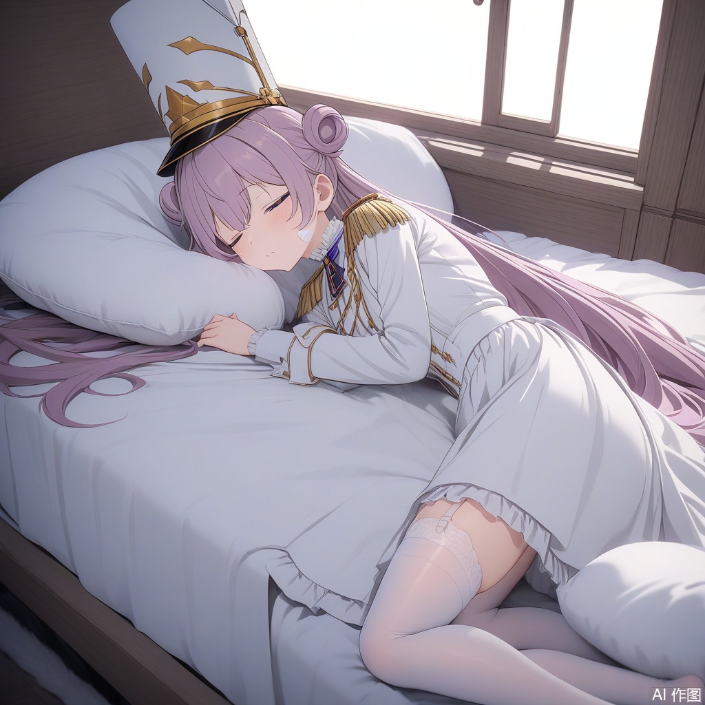 (masterpiece, best quality, highres, ultra-detailed, 8k), 1girl, moli, 
deep asleep in canopy bed, moonlit bedroom, 
pink and purple gradient hair, very long hair in messy double buns, 
white shako cap tilted sideways on pillow, double-breasted white dress with crumpled frills, 
white thighhighs with loose garter straps, blue eyes closed, long sleeves partially rolled up, 
full body view under satin sheets, facing viewer, closed mouth with relaxed expression, 
half-buried in fluffy pillows, blanket pulled up to waist, 
sleeping in full attire, exhausted from event, soft breathing motion blur, 
silver moonlight through window, dust motes in air, bedside table with empty teacup, 
wardrobe door ajar showing formal gowns, hair strands on face, 
button on dress partially undone, epaulettes dimly gleaming, 
peaceful night atmosphere, detailed fabric wrinkles, 
nostalgic victorian-style bedroom with modern elements