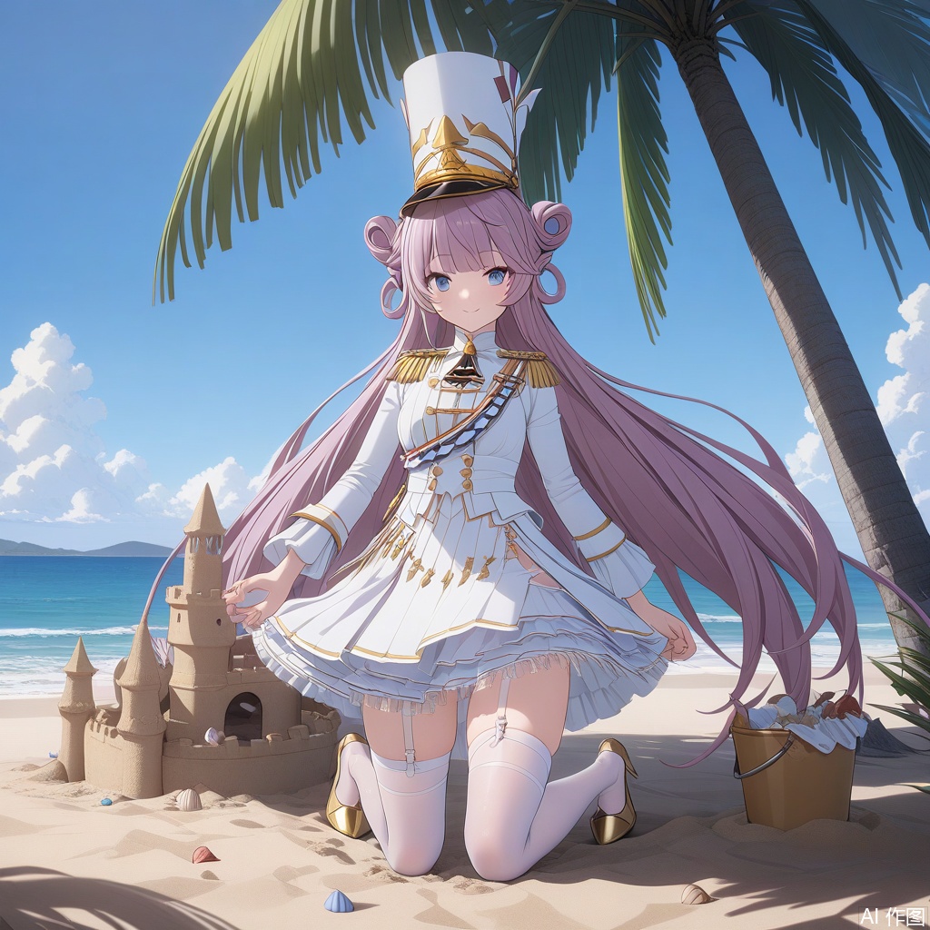 moli,(masterpiece, best quality, highres, ultra-detailed, 8k), 1girl,
pink and purple gradient hair, very long hair in double buns, 
white shako cap with golden epaulettes, double-breasted white dress with frills and buttons, 
white thighhighs with lace garter straps, blue eyes, long sleeves, blunt bangs, 
full body view, looking directly at viewer, closed mouth with soft smile, 
building sandcastle on beach, kneeling on wet sand, 
holding small bucket and spade, sand on hands and dress hem, 
with friends (2 children) building sandcastle together, 
sunny day, turquoise ocean waves, clear blue sky with cumulus clouds, 
seashells scattered on sand, distant sailboat, palm trees along coastline, 
sparkling water droplets, summer atmosphere, joyful expression, wind-blown hair strands, detailed sand texture, 
sandcastle with seashell decorations, tide pools reflecting sky,Golden high heels