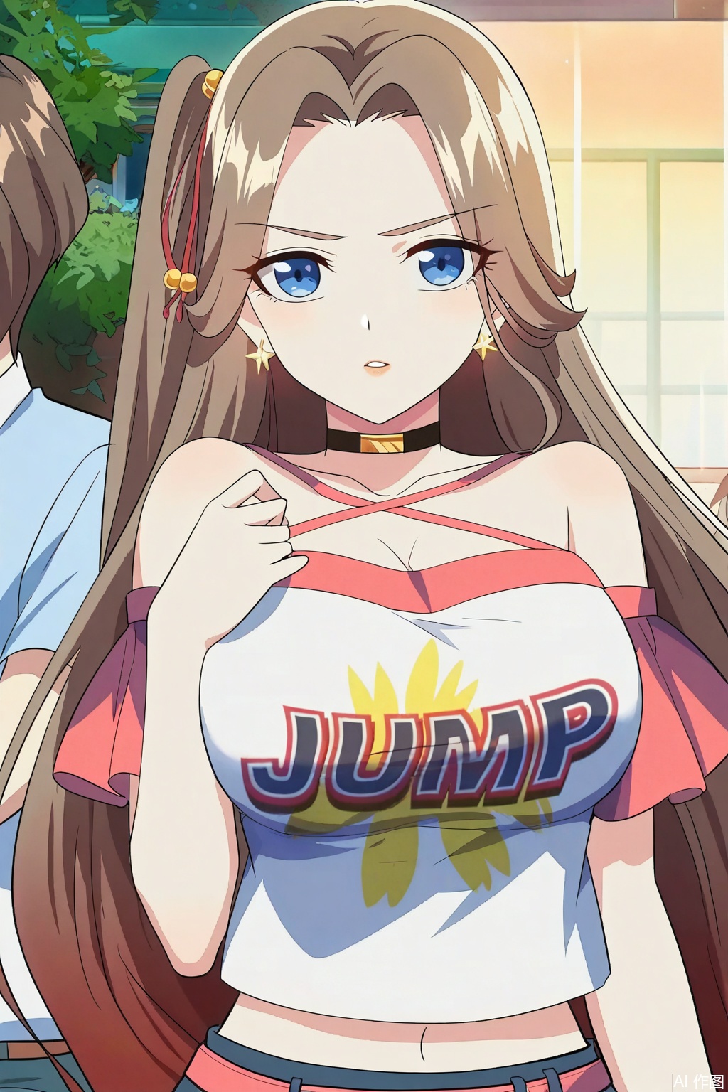 1girl, long hair, breasts, looking at viewer, blue eyes, large breasts, brown hair, shirt, navel, cleavage, bare shoulders, jewelry, very long hair, white shirt, earrings, shorts, choker, midriff, belt, masterpiece,best quality,official art,extremely detailed CG unity 8k wallpaper,
Random scene,upper body,looking at viewer,