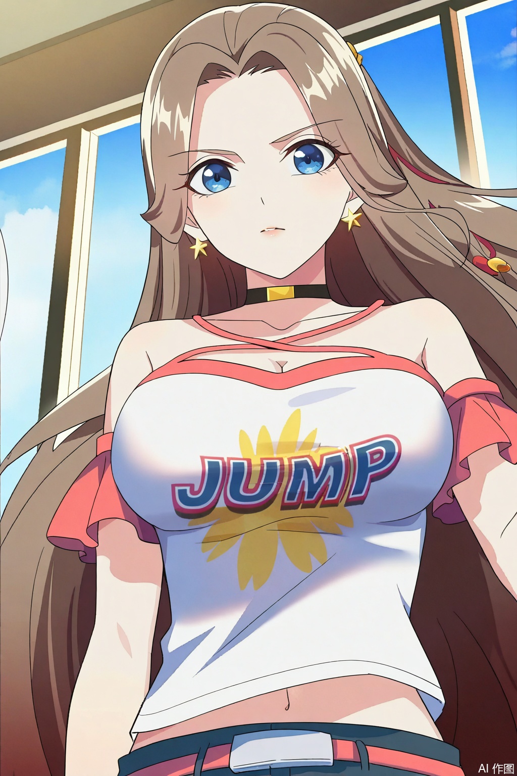 1girl, long hair, breasts, looking at viewer, blue eyes, large breasts, brown hair, shirt, navel, cleavage, bare shoulders, jewelry, very long hair, white shirt, earrings, shorts, choker, midriff, belt, masterpiece,best quality,official art,extremely detailed CG unity 8k wallpaper,
Random scene,upper body,looking at viewer,