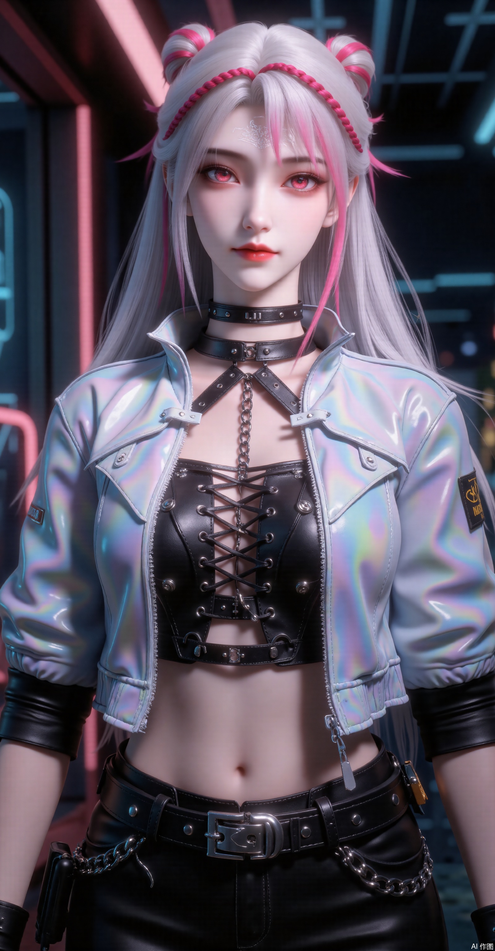 "A cyberpunk girl with silver-pink braided long hair and sharp red eyes, wearing an iridescent cropped jacket over a black lace-up leather top, exposed abdomen with metallic chains, studded wide belt, and tactical pants. Futuristic neon lighting, dark background, ultra-detailed 8K character design, Unreal Engine style, vibrant cyberpunk aesthetics."