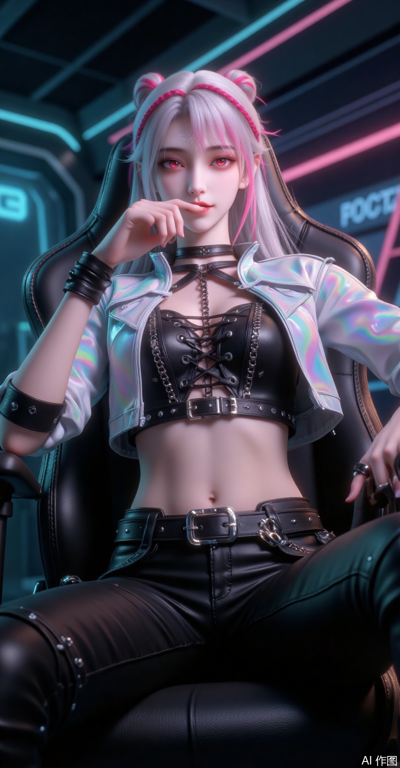 xc,A cyberpunk girl with silver-pink braided long hair and sharp red eyes. Viewed from below up along her legs, she wears a gentle smile. Clad in an iridescent cropped jacket over a black lace-up leather top, her exposed abdomen is adorned with metallic chains, paired with a studded wide belt and tactical pants. Seated on an esports chair, she showcases slender beautiful legs with fair skin, one hand touching her lips with fingers. Set against a dark background with futuristic neon lighting, the ultra-detailed 8K character design in Unreal Engine style exudes vibrant cyberpunk aesthetics.,