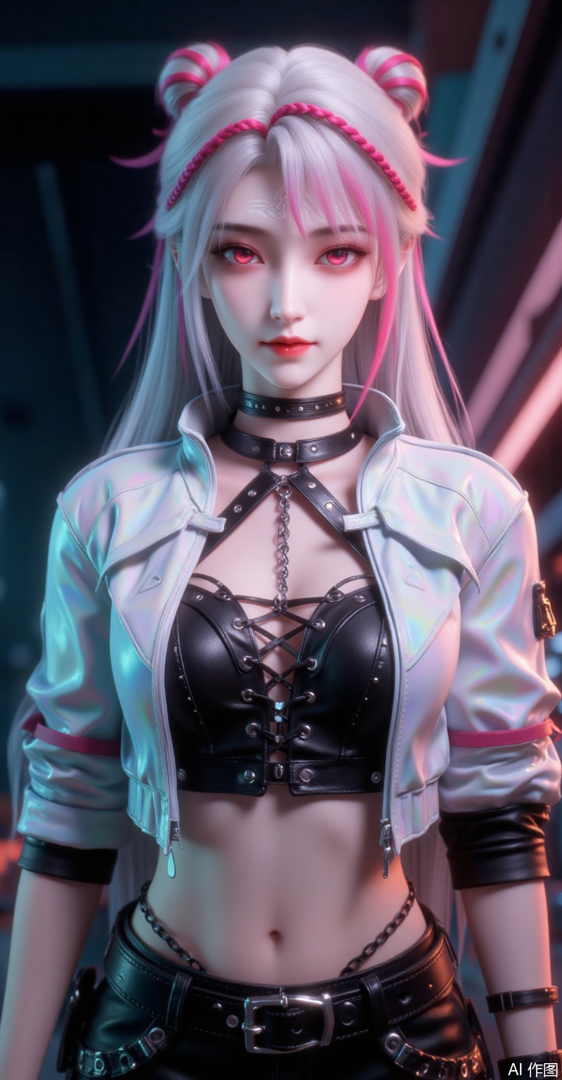 "A cyberpunk girl with silver-pink braided long hair and sharp red eyes, wearing an iridescent cropped jacket over a black lace-up leather top, exposed abdomen with metallic chains, studded wide belt, and tactical pants. Futuristic neon lighting, dark background, ultra-detailed 8K character design, Unreal Engine style, vibrant cyberpunk aesthetics."