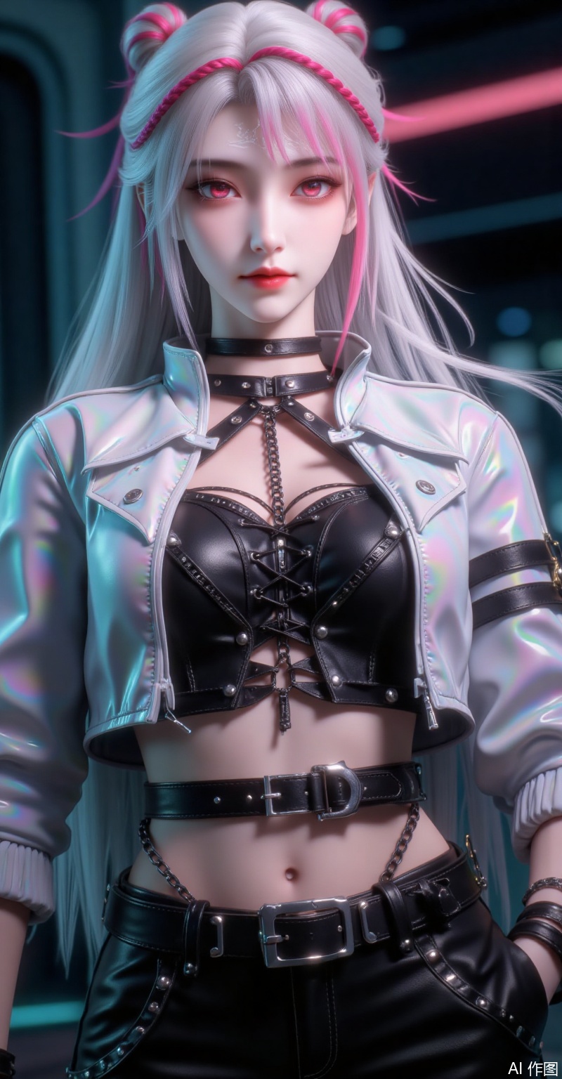 "A cyberpunk girl with silver-pink braided long hair and sharp red eyes, wearing an iridescent cropped jacket over a black lace-up leather top, exposed abdomen with metallic chains, studded wide belt, and tactical pants. Futuristic neon lighting, dark background, ultra-detailed 8K character design, Unreal Engine style, vibrant cyberpunk aesthetics."