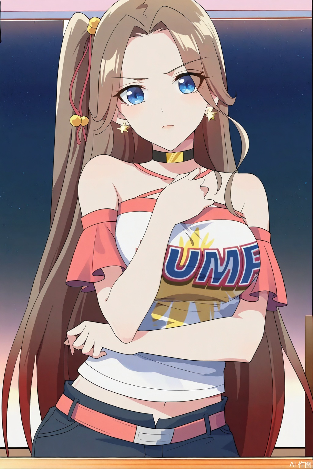 1girl, long hair, breasts, looking at viewer, blue eyes, large breasts, brown hair, shirt, navel, cleavage, bare shoulders, jewelry, very long hair, white shirt, earrings, shorts, choker, midriff, belt, masterpiece,best quality,official art,extremely detailed CG unity 8k wallpaper,
Random scene,upper body,looking at viewer,