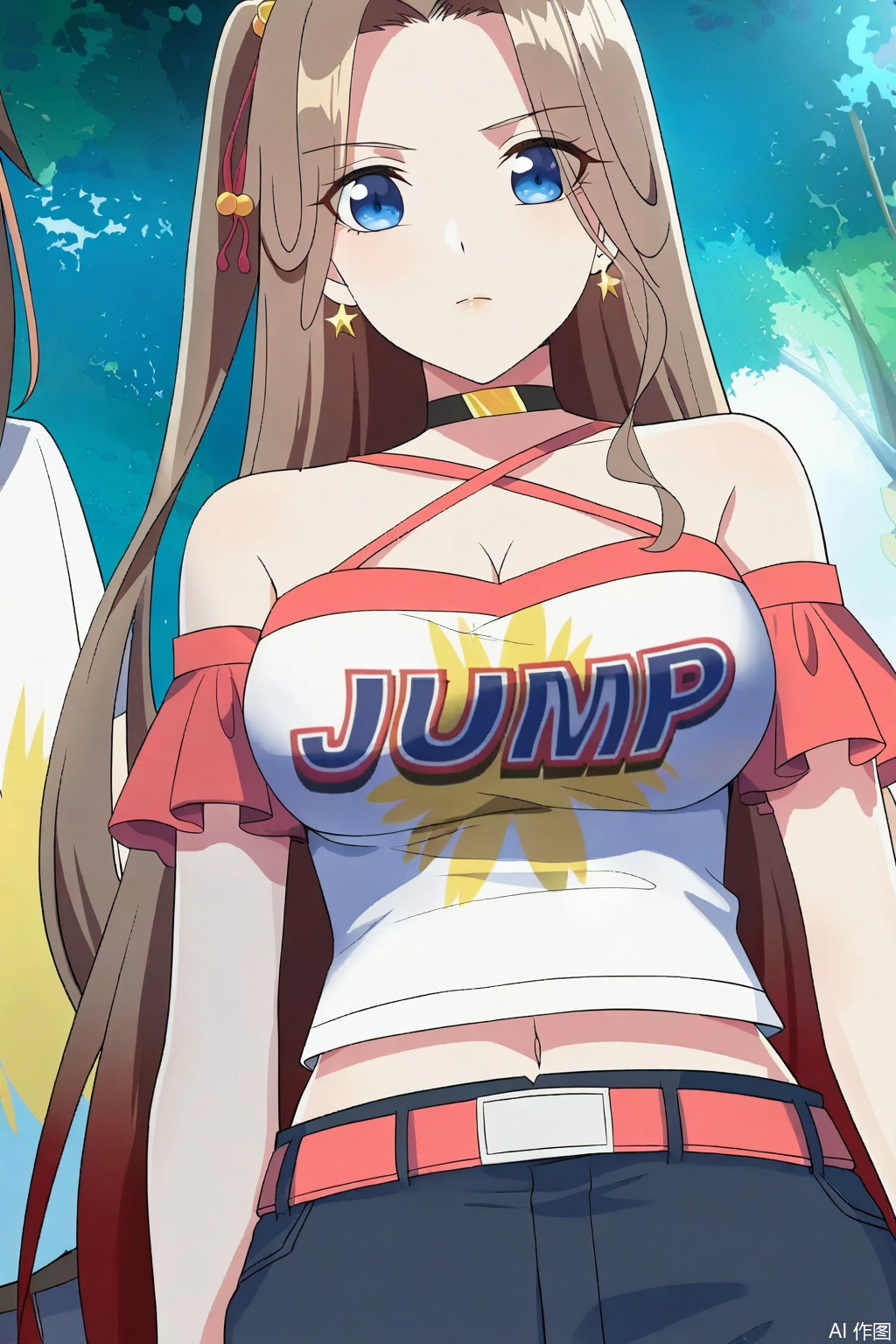 1girl, long hair, breasts, looking at viewer, blue eyes, large breasts, brown hair, shirt, navel, cleavage, bare shoulders, jewelry, very long hair, white shirt, earrings, shorts, choker, midriff, belt, masterpiece,best quality,official art,extremely detailed CG unity 8k wallpaper,
Random scene,upper body,looking at viewer,