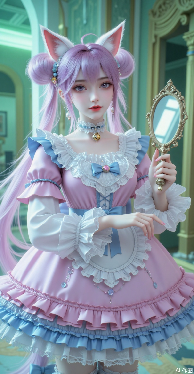 xl"A sweet Lolita girl with lavender twin tails wearing a pink-blue tiered lace dress, cat-ear headband and pearl earrings. Detailed heart-shaped corset, navy bow collar, and bell choker, holding a vintage mirror in soft green lighting. Ultra HD 8K, watercolor textures, Ghibli-style dreamy atmosphere, delicate chiffon and lace details."
