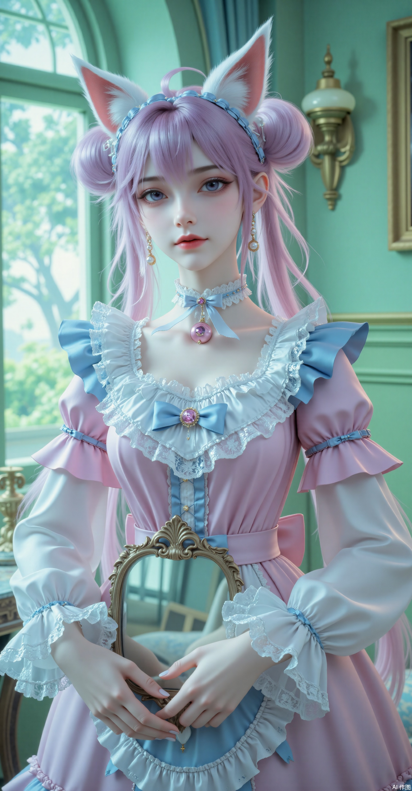 xl"A sweet Lolita girl with lavender twin tails wearing a pink-blue tiered lace dress, cat-ear headband and pearl earrings. Detailed heart-shaped corset, navy bow collar, and bell choker, holding a vintage mirror in soft green lighting. Ultra HD 8K, watercolor textures, Ghibli-style dreamy atmosphere, delicate chiffon and lace details."