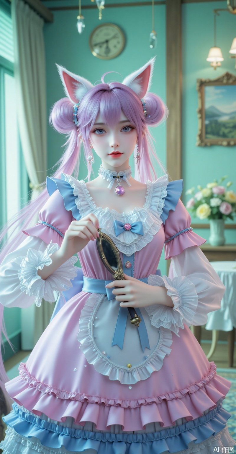 xl"A sweet Lolita girl with lavender twin tails wearing a pink-blue tiered lace dress, cat-ear headband and pearl earrings. Detailed heart-shaped corset, navy bow collar, and bell choker, holding a vintage mirror in soft green lighting. Ultra HD 8K, watercolor textures, Ghibli-style dreamy atmosphere, delicate chiffon and lace details."