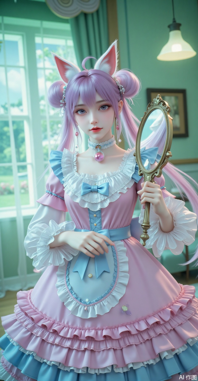 xl"A sweet Lolita girl with lavender twin tails wearing a pink-blue tiered lace dress, cat-ear headband and pearl earrings. Detailed heart-shaped corset, navy bow collar, and bell choker, holding a vintage mirror in soft green lighting. Ultra HD 8K, watercolor textures, Ghibli-style dreamy atmosphere, delicate chiffon and lace details."