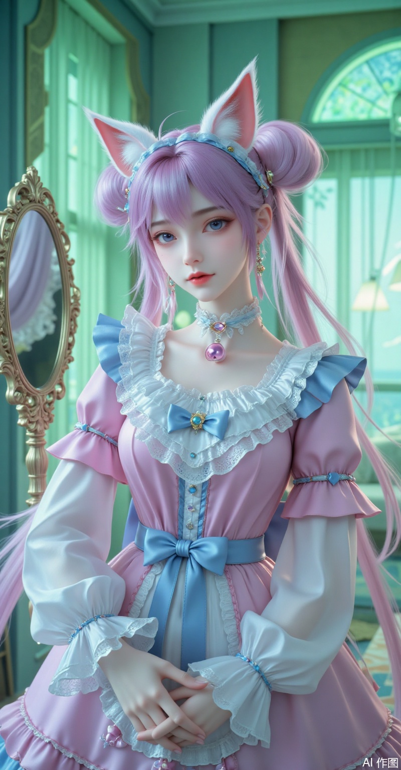 xl"A sweet Lolita girl with lavender twin tails wearing a pink-blue tiered lace dress, cat-ear headband and pearl earrings. Detailed heart-shaped corset, navy bow collar, and bell choker, holding a vintage mirror in soft green lighting. Ultra HD 8K, watercolor textures, Ghibli-style dreamy atmosphere, delicate chiffon and lace details."