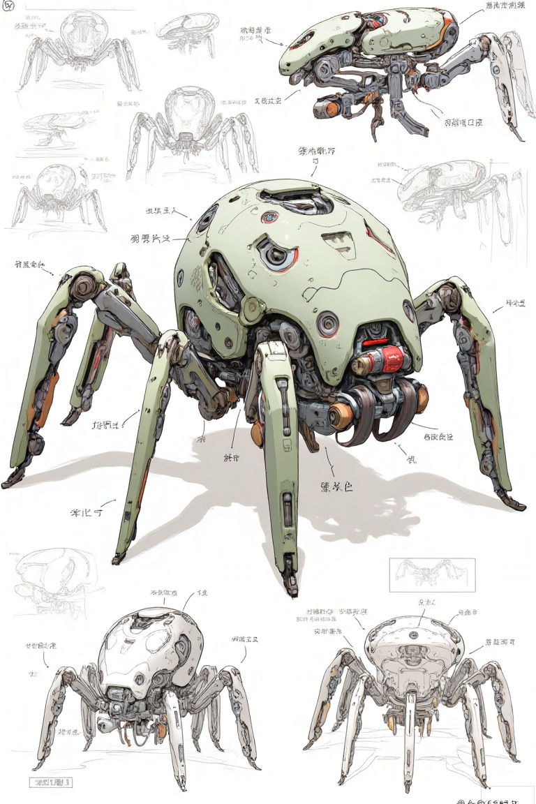 The image depicts a detailed concept art of a robotic spider, showcasing various components and designs. The main focus is on the central robotic spider, which features a large, spherical body with multiple legs extending from it. The legs are articulated, with joints and joints visible, suggesting a complex movement mechanism. The body has a metallic, industrial appearance, with some parts painted in a greenish-gray color, while others are exposed metal.

In the background, there are sketches of the robot's head and additional smaller components, likely representing different parts of the robot's design. The sketches are more detailed and show the robot's facial features and head structure.

The image also includes annotations in Japanese, which provide additional information about the robot's design and functionality. These annotations are placed around the main robotic spider and suggest various parts of the robot's anatomy and mechanical design.

Overall, the image is a technical illustration of a futuristic robotic spider, emphasizing its mechanical design and potential functionality.