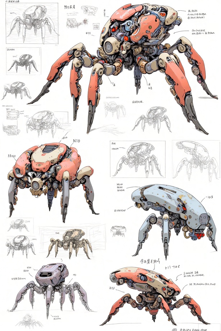 The image depicts a variety of robotic spiders, each with distinct designs and features. The robots are shown in different stages of development, from sketches to fully detailed models. They vary in size, color, and mechanical components, such as legs, eyes, and body structures. Some robots have a more organic look, resembling natural spider forms, while others have a more mechanical and industrial appearance. The sketches include annotations for each model, listing specific details like "N10" and "1003," which likely refer to model numbers or identifiers. The overall theme is focused on creating a diverse range of robotic spiders, possibly for use in a science fiction or futuristic setting.