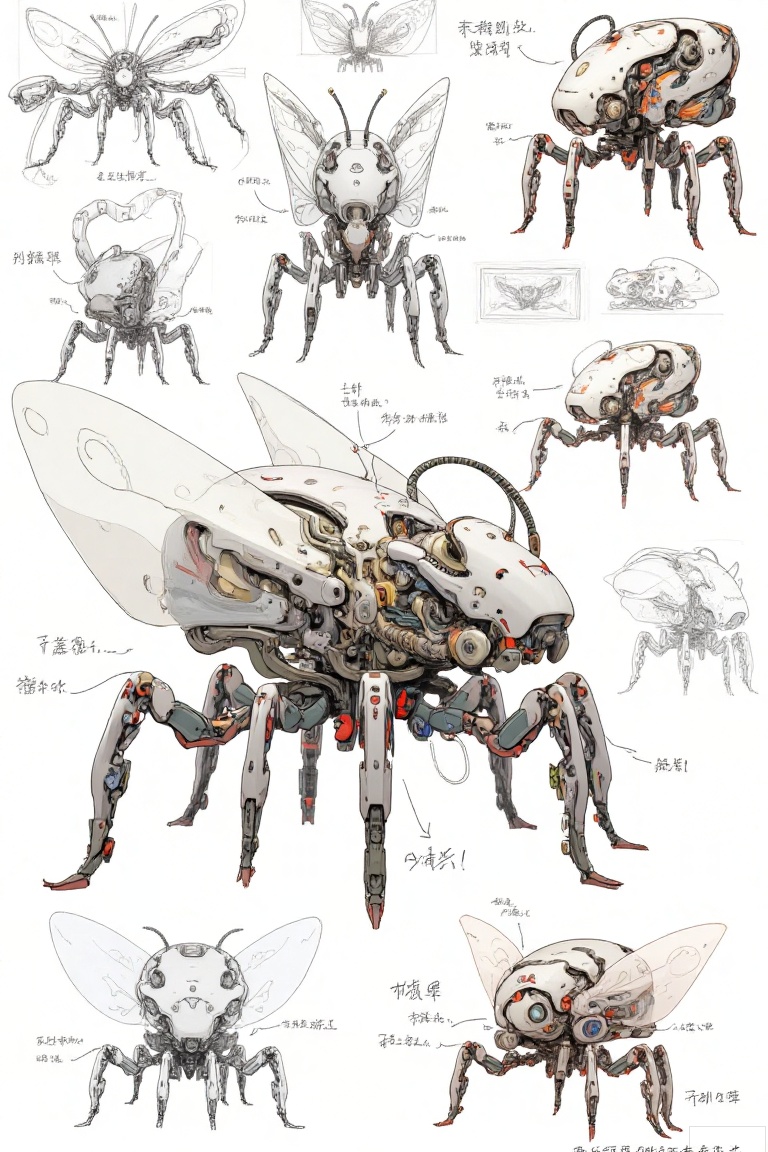 The image depicts a detailed concept art of a robotic insect, showcasing various components and designs. The central figure is a large, mechanical insect with a robust body, transparent wings, and intricate mechanical parts. It has six legs, antennae, and a segmented head. Surrounding the main insect are smaller illustrations of different robotic insects, each with unique features such as antennae, wings, and segmented bodies. These smaller insects are labeled with annotations describing their functions and design elements. The background is minimal, allowing the detailed illustrations of the robots to stand out prominently. The overall aesthetic is futuristic and mechanical, emphasizing the advanced technology and design of the robotic insects.