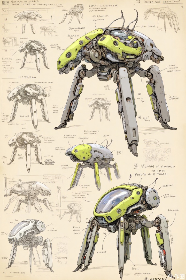 The image depicts a detailed, mechanical design of a robotic insect, known as a "Fungus," which is a fusion of insect and mechanical elements. The robot is shown in various stages of development, including sketches and detailed schematics. The central figure is a large, articulated insectoid robot with six legs, each ending in claw-like feet. The body is segmented and metallic, with a gray and yellow color scheme. The robot's head features large compound eyes and antennae, and it has a complex internal structure visible through transparent sections.

Surrounding the main figure are several sketches and annotations that provide a breakdown of the robot's design and functionality. These include detailed drawings of the robot's limbs, joints, and internal components, as well as annotations explaining the robot's purpose and capabilities. The background consists of a beige, parchment-like surface with sketches and notes, giving the impression of a technical or scientific illustration.

The image is signed "© REDTOKÉ" in the bottom right corner, indicating the artist or creator of the design. The overall aesthetic is reminiscent of a concept art used in the design and development of advanced mechanical or robotic systems.