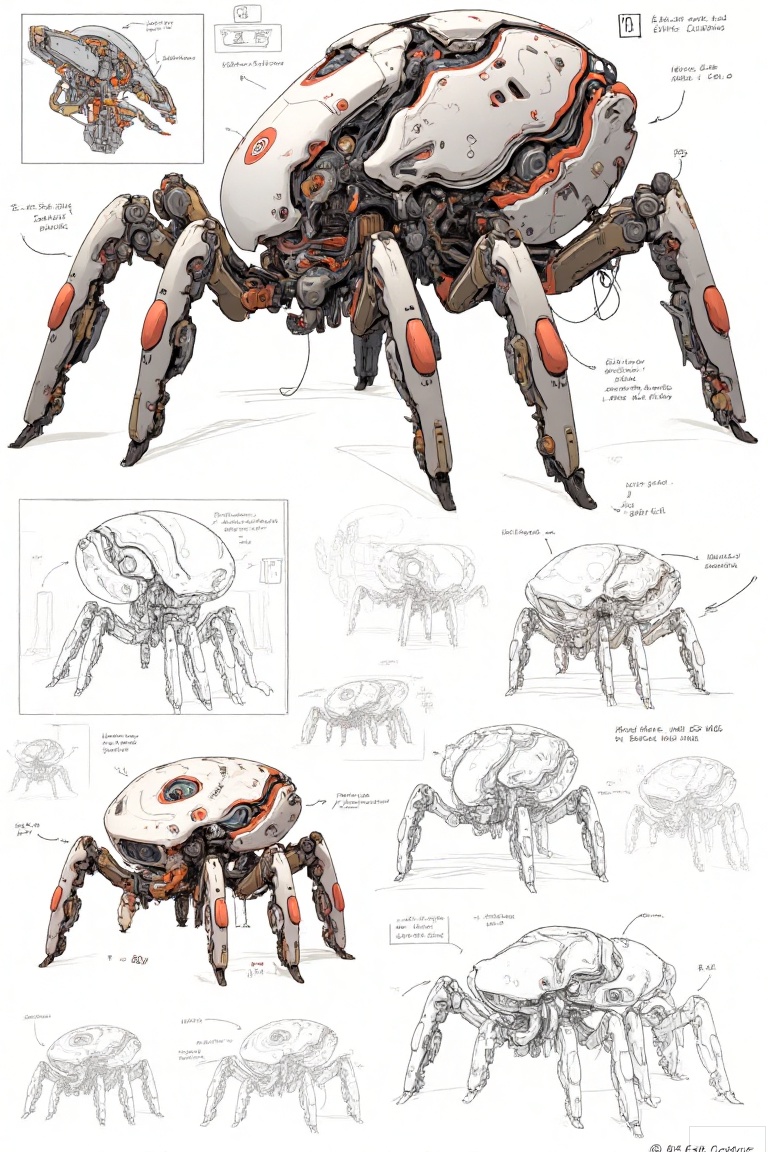 The image depicts a detailed concept art of a robotic arachnid, showcasing various design variations and components. The central focus is on a large, intricate robot with multiple legs, each equipped with articulated joints and mechanical joints. The robot's body is a mix of metallic and organic elements, with visible wiring and mechanical parts suggesting advanced functionality.

In the top left corner, there is a smaller inset showing a close-up of the robot's head, highlighting its detailed structure and the orange accents on its surface. The robot's head features a prominent "01" marking, indicating its model or identification number.

Below the main robot, there are several smaller sketches and annotations that provide additional perspectives of the robot's design. These sketches include different angles and close-ups of the robot's legs and joints, emphasizing the complexity and precision of its mechanical design.

The overall aesthetic of the image is futuristic and mechanical, with a focus on functionality and intricate detail. The robot's design suggests it could be part of a larger narrative, possibly a science fiction setting. The annotations and sketches add depth to the concept, indicating the artist's meticulous approach to the project.