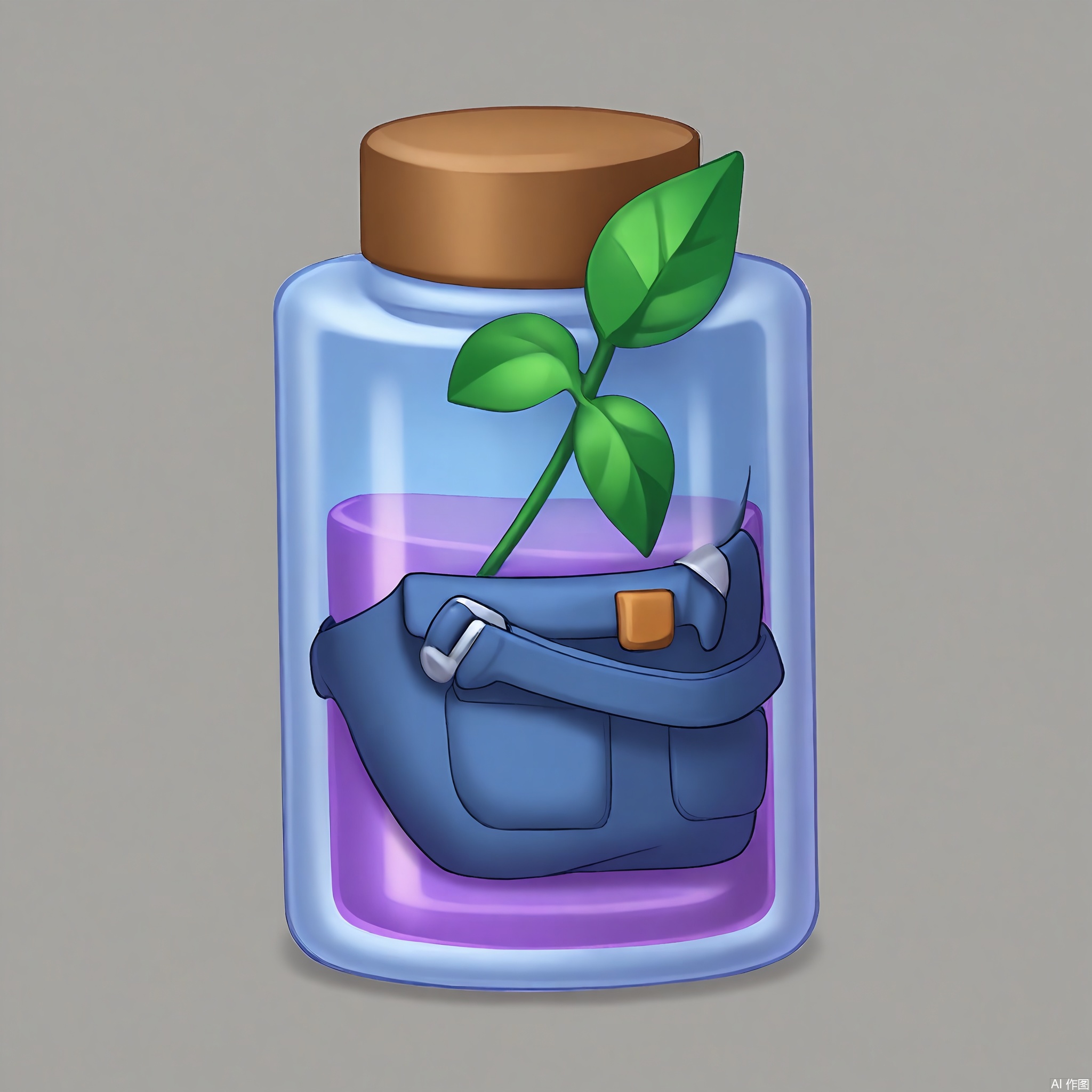 XTB, A digital illustration of a cartoon game icon of a potion bottle attached to a green leaf-shaped clip-on holder, against a plain white backdrop. The potion bottle is a deep purple color with a cork stopper, and it's bubbling slightly. The design is mystical and alchemical, with a potion-making aesthetic. The bottle is tilted, showing off the magical liquid inside. The leaf-shaped clip has a vibrant green color and veins that look realistic. The overall style is clean and modern, highlighting the wonder of magic.
