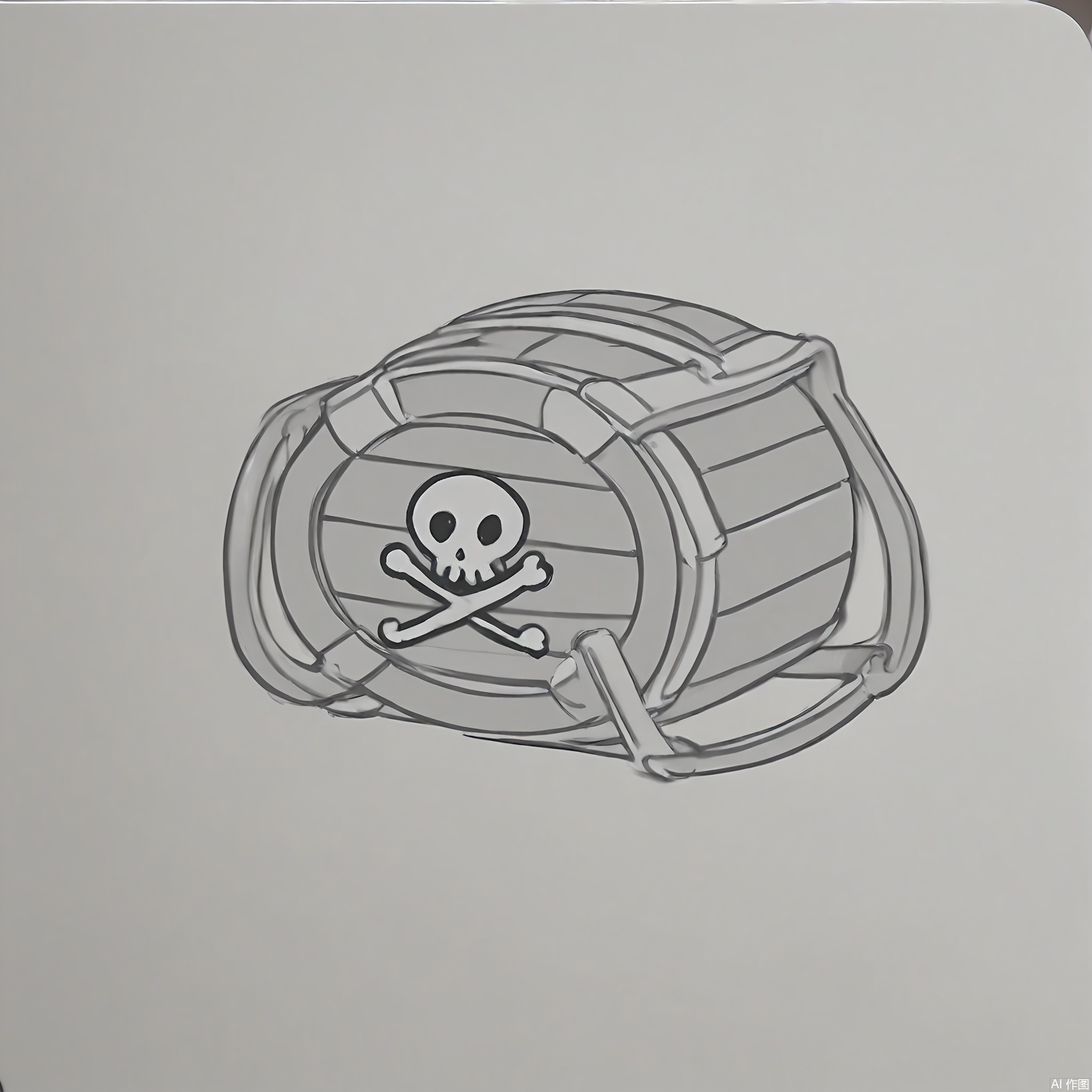 XTB, A digital illustration of a cartoon game icon of a pirate's hat attached to a brown barrel-shaped clip-on holder, placed on a white background. The pirate's hat is black with a skull and crossbones patch on the front. The design is pirate-themed and playful, with a swashbuckling aesthetic. The hat is tilted to the side, giving it a rakish look. The barrel-shaped clip has wooden planks and metal hoops, adding a touch of realism. The overall style is clean and modern, capturing the spirit of adventure on the high seas.
