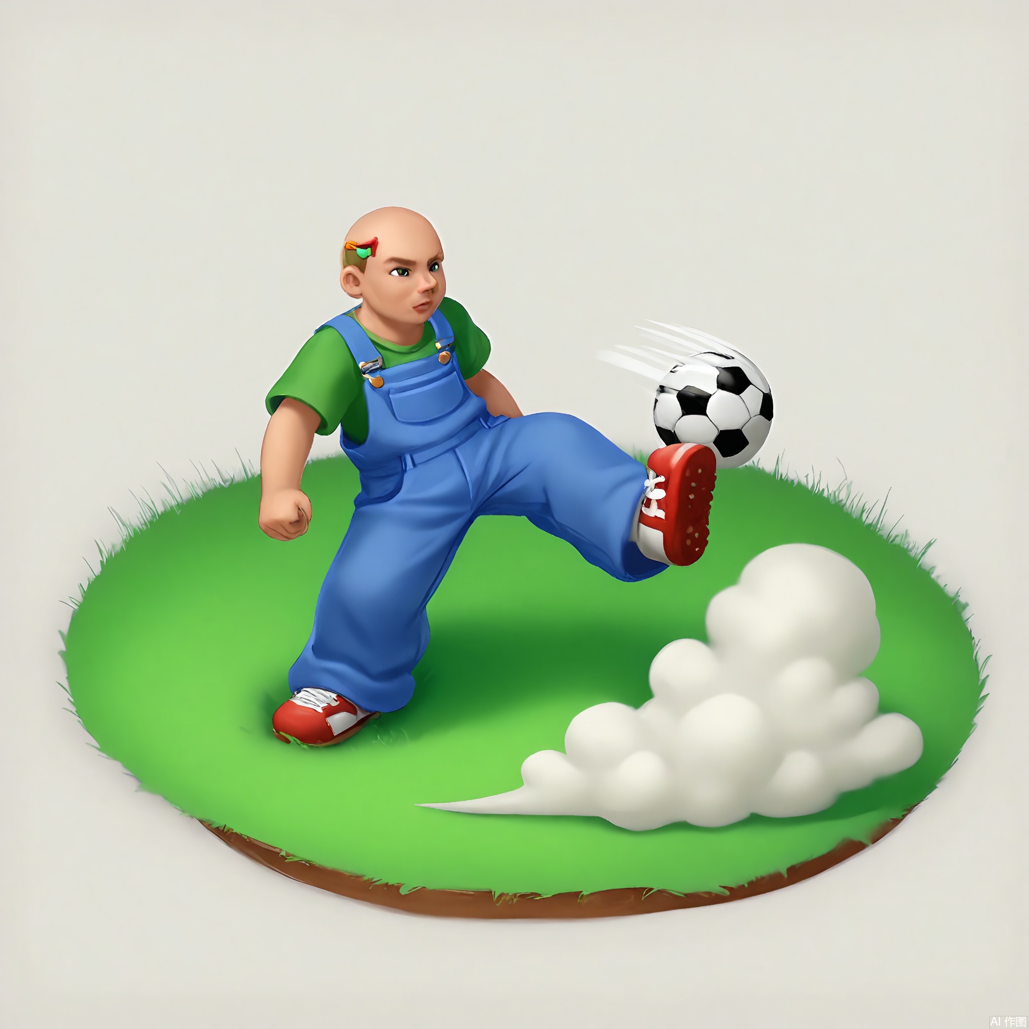 XTB, A digital illustration of a cartoon game icon of a soccer ball attached to a green grass-shaped clip-on holder, against a white background. The soccer ball has black and white pentagonal panels and is kicking up a small cloud of dust. The design is sporty and energetic, with a soccer-themed aesthetic. The ball is in mid-air, as if it's just been kicked. The grass-shaped clip has a fresh green color and blades that look realistic. The overall style is clean and modern, capturing the excitement of the game.
