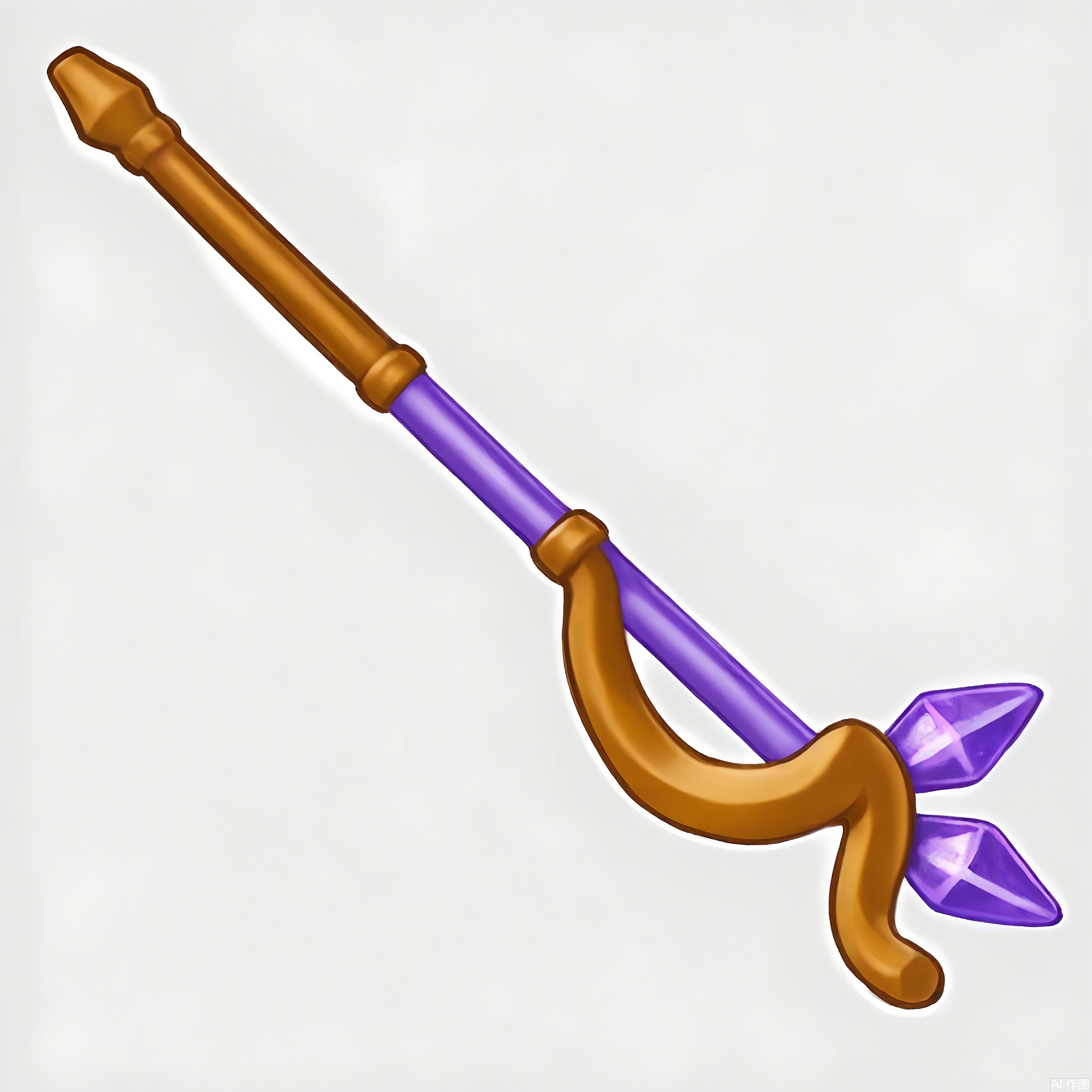 XTB, A digital illustration of a cartoon game icon of a wizard's staff attached to a purple crystal-shaped clip-on holder, against a white background. The staff has a long, twisted handle and a large purple crystal at the top that emits a soft glow. The design is magical and mystical, with a wizardry aesthetic. The staff is leaning slightly, as if the wizard is using it to cast a spell. The crystal-shaped clip has a faceted surface that catches the light, making it look realistic. The overall style is clean and modern, evoking a sense of enchantment.
