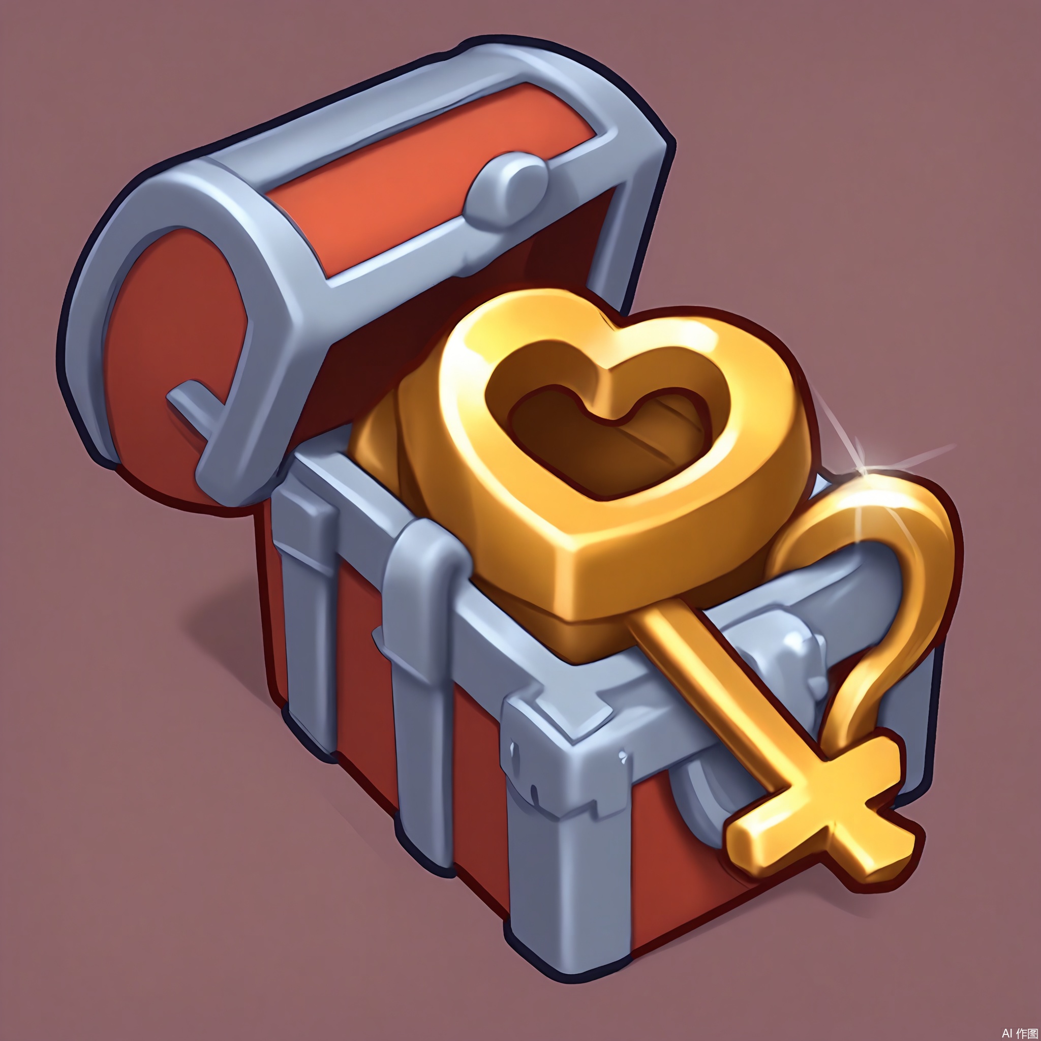 XTB, A digital illustration of a cartoon game icon of a treasure chest attached to a golden key-shaped clip-on holder, set against a deep purple background. The treasure chest has a shiny lid slightly ajar, revealing a glint of gold inside. The design is simple and playful, with a vibrant and adventurous aesthetic. The chest is slightly tilted, giving it a dynamic look. The key-shaped clip has a metallic gold finish, adding a touch of realism. The overall style is clean and modern, with a focus on fun and exploration.
