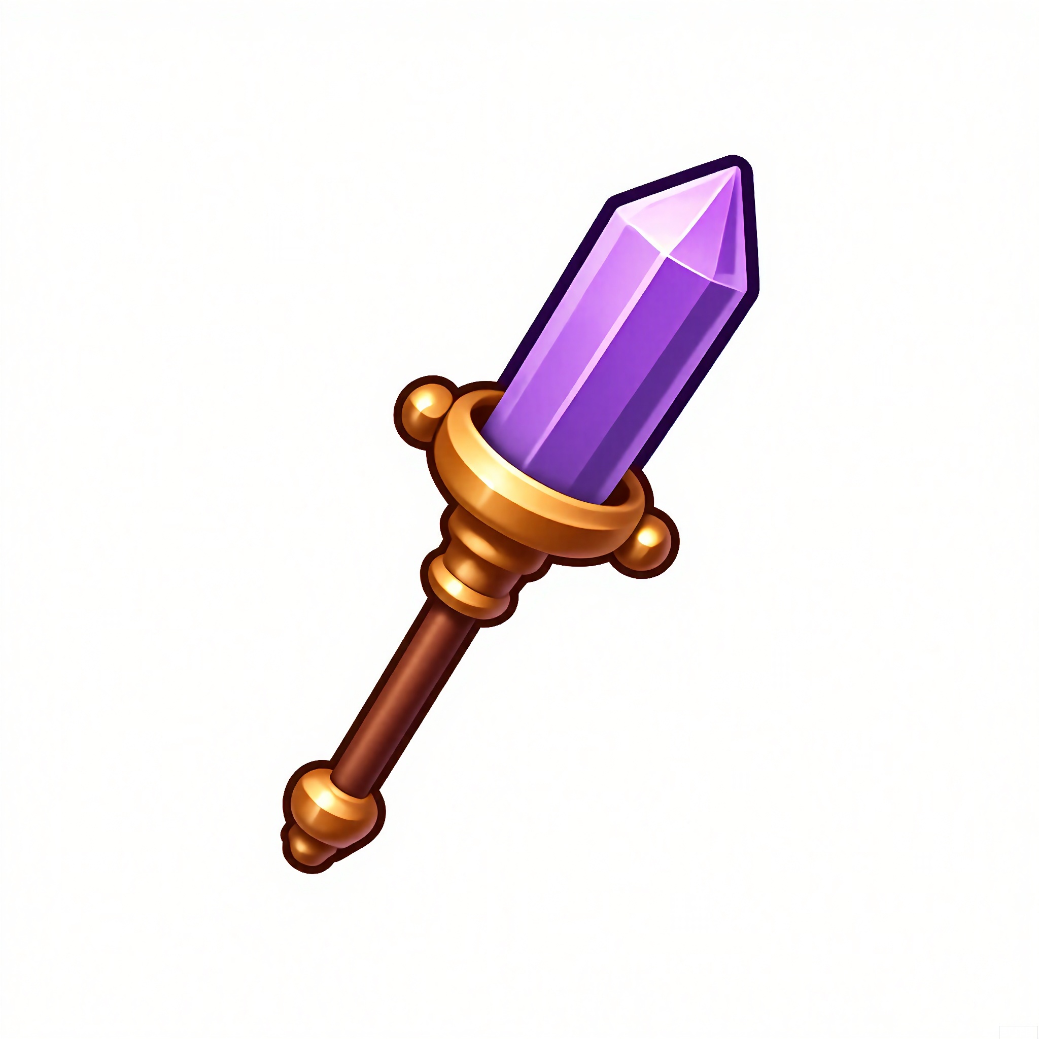 XTB, A digital illustration of a cartoon game icon of a wizard's staff attached to a purple crystal-shaped clip-on holder, against a white background. The staff has a long, twisted handle and a large purple crystal at the top that emits a soft glow. The design is magical and mystical, with a wizardry aesthetic. The staff is leaning slightly, as if the wizard is using it to cast a spell. The crystal-shaped clip has a faceted surface that catches the light, making it look realistic. The overall style is clean and modern, evoking a sense of enchantment.
