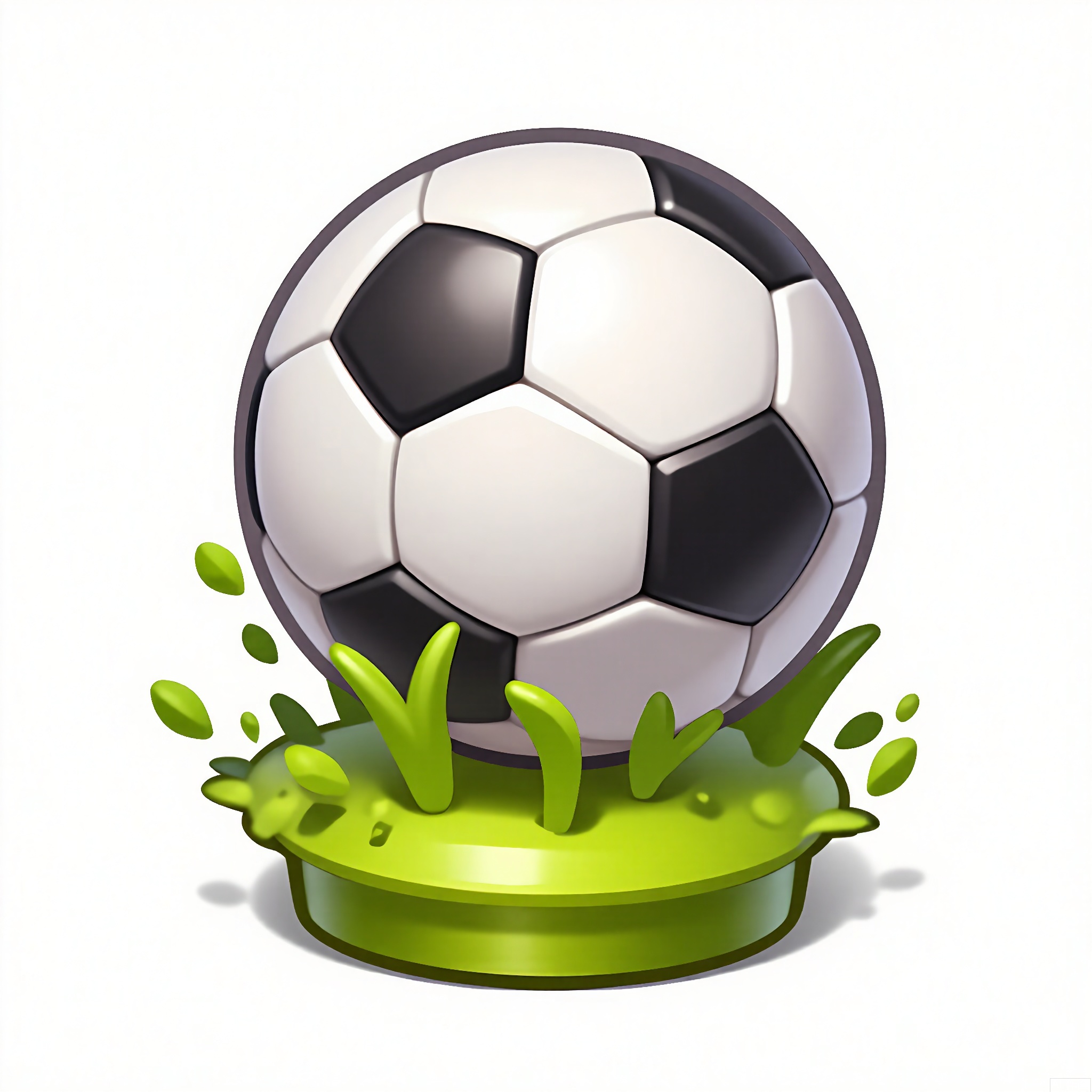 XTB, A digital illustration of a cartoon game icon of a soccer ball attached to a green grass-shaped clip-on holder, against a white background. The soccer ball has black and white pentagonal panels and is kicking up a small cloud of dust. The design is sporty and energetic, with a soccer-themed aesthetic. The ball is in mid-air, as if it's just been kicked. The grass-shaped clip has a fresh green color and blades that look realistic. The overall style is clean and modern, capturing the excitement of the game.
