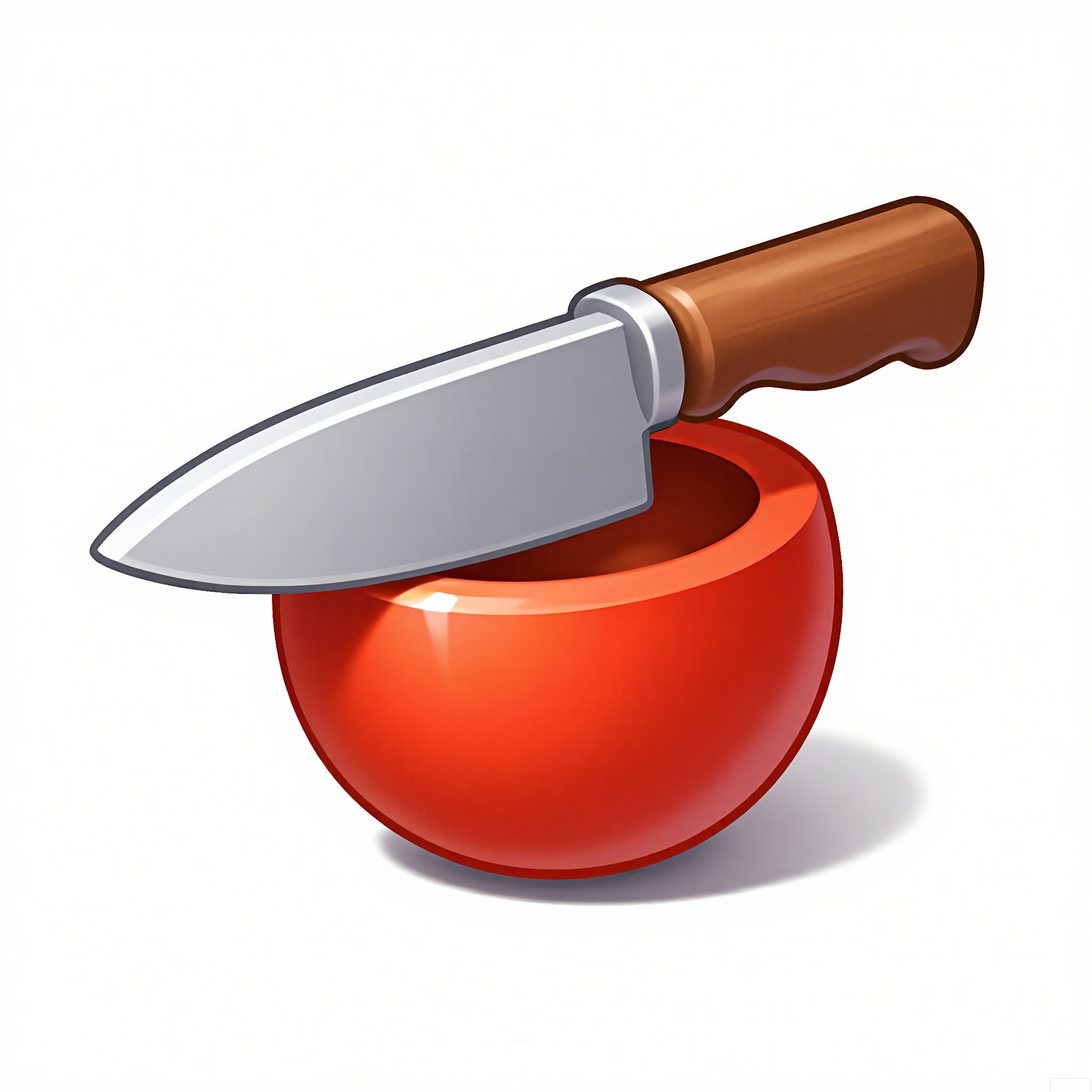XTB, A digital illustration of a cartoon game icon of a chef's knife attached to a red tomato-shaped clip-on holder, against a white backdrop. The chef's knife has a long, sharp blade and a wooden handle. The design is culinary and playful, with a cooking aesthetic. The knife is slightly tilted, as if the chef is about to chop the tomato. The tomato-shaped clip has a bright red color and a glossy surface, making it look realistic. The overall style is clean and modern, highlighting the joy of cooking.
